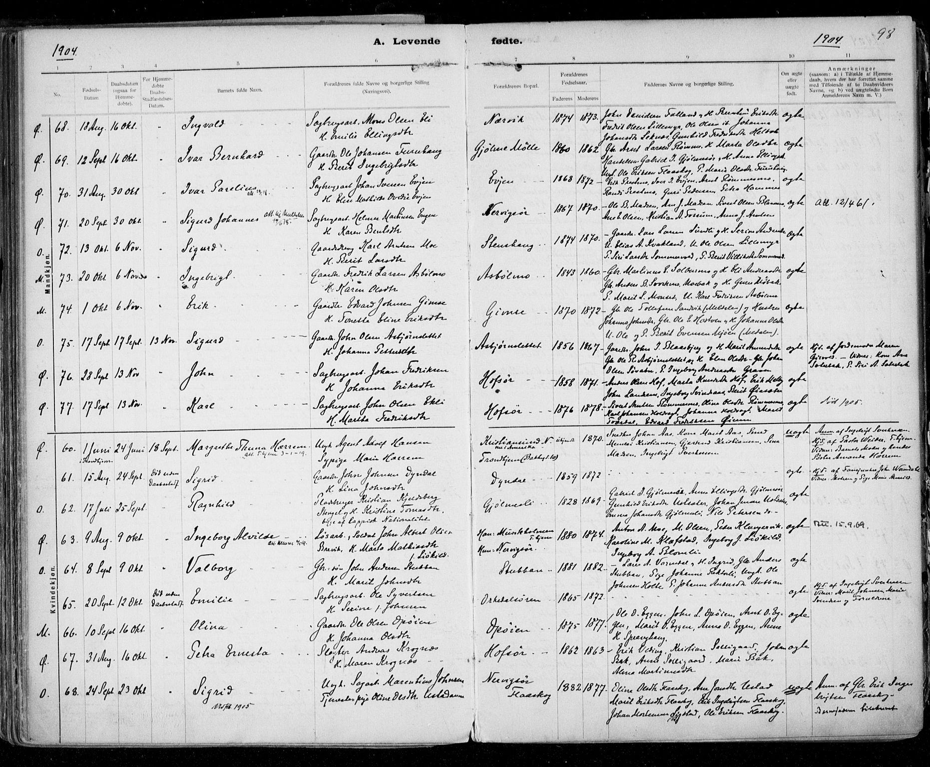 Ministerialprotokoller, klokkerbøker og fødselsregistre - Sør-Trøndelag, AV/SAT-A-1456/668/L0811: Parish register (official) no. 668A11, 1894-1913, p. 98