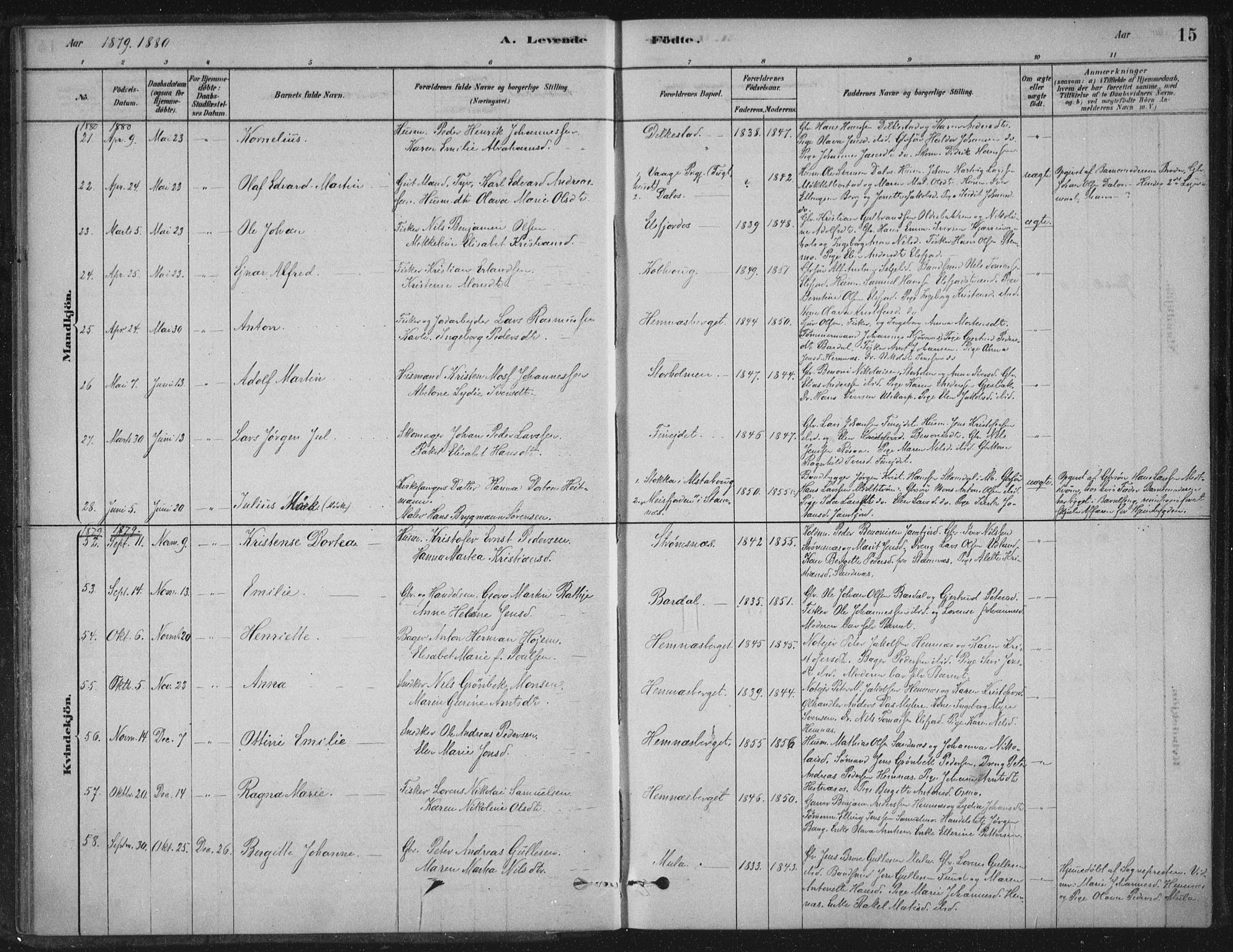 Ministerialprotokoller, klokkerbøker og fødselsregistre - Nordland, SAT/A-1459/825/L0361: Parish register (official) no. 825A15, 1878-1893, p. 15