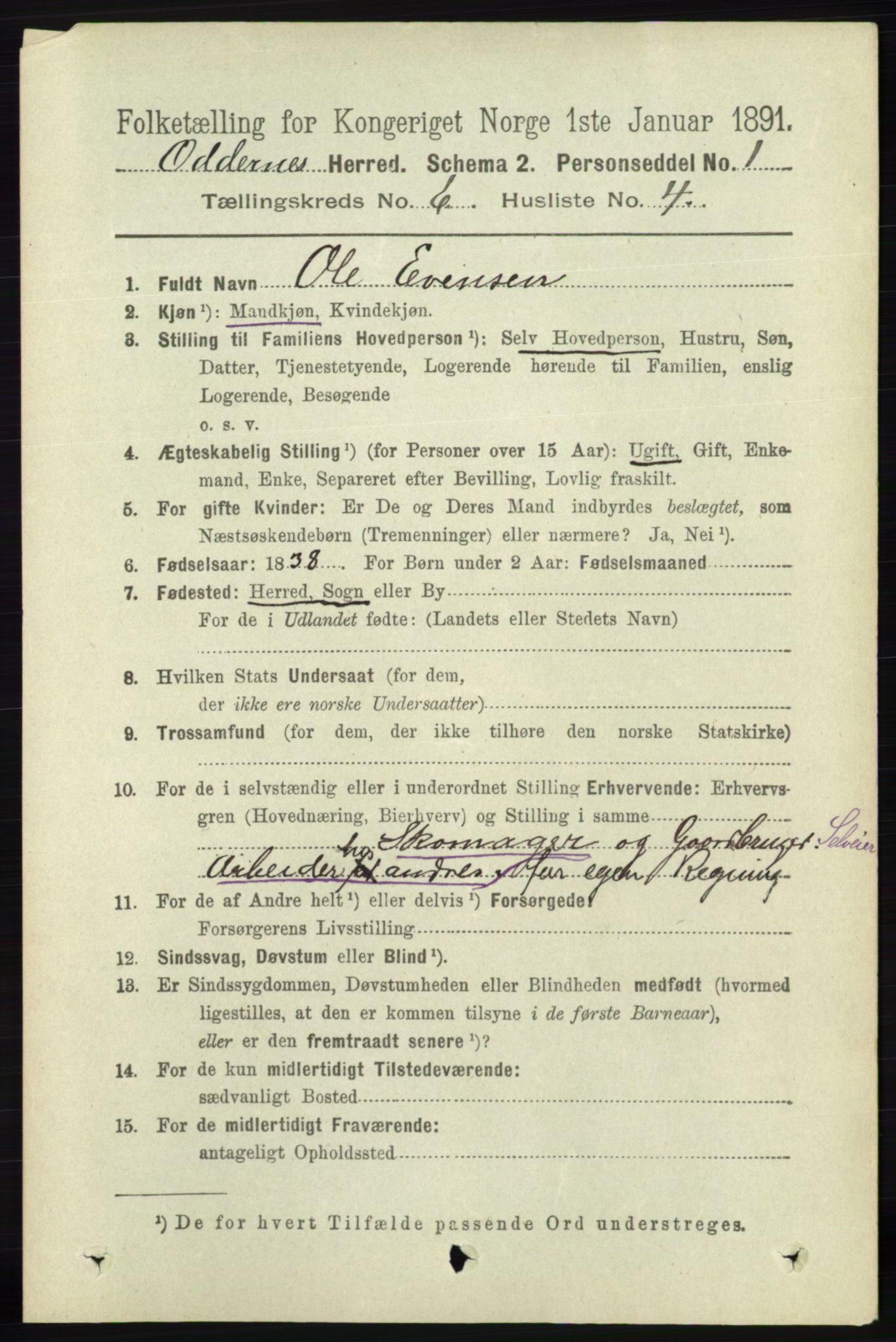 RA, 1891 census for 1012 Oddernes, 1891, p. 2206