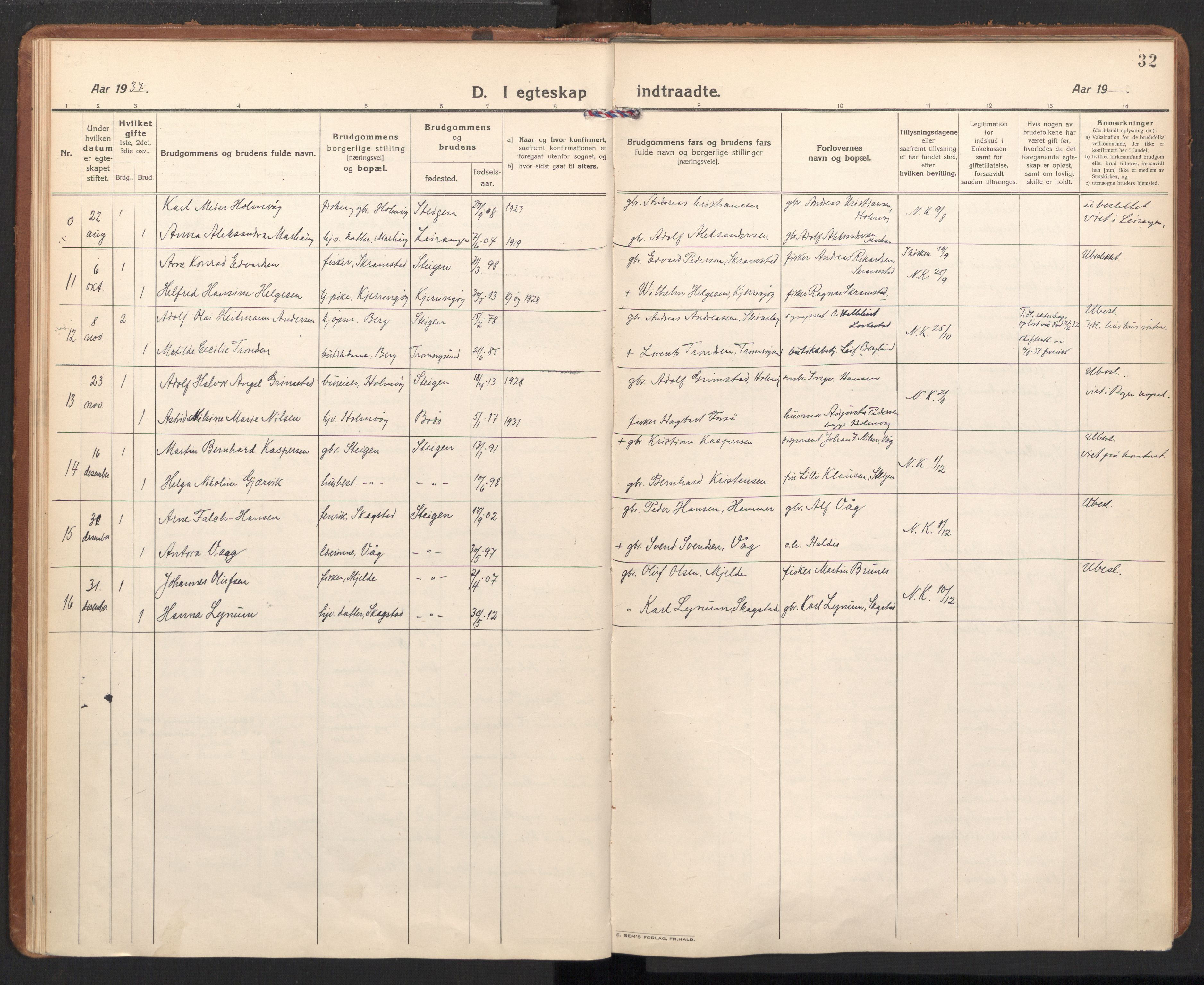 Ministerialprotokoller, klokkerbøker og fødselsregistre - Nordland, AV/SAT-A-1459/855/L0809: Parish register (official) no. 855A18, 1921-1939, p. 32