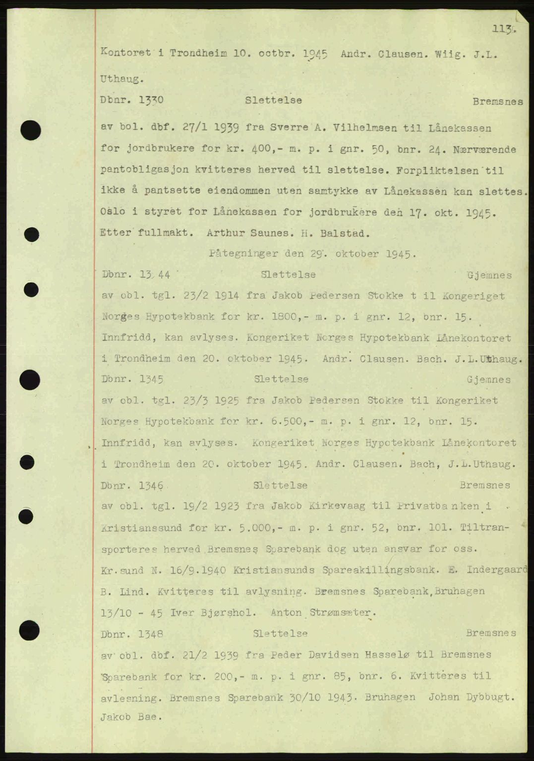 Nordmøre sorenskriveri, AV/SAT-A-4132/1/2/2Ca: Mortgage book no. C82a, 1945-1946, Diary no: : 1330/1945