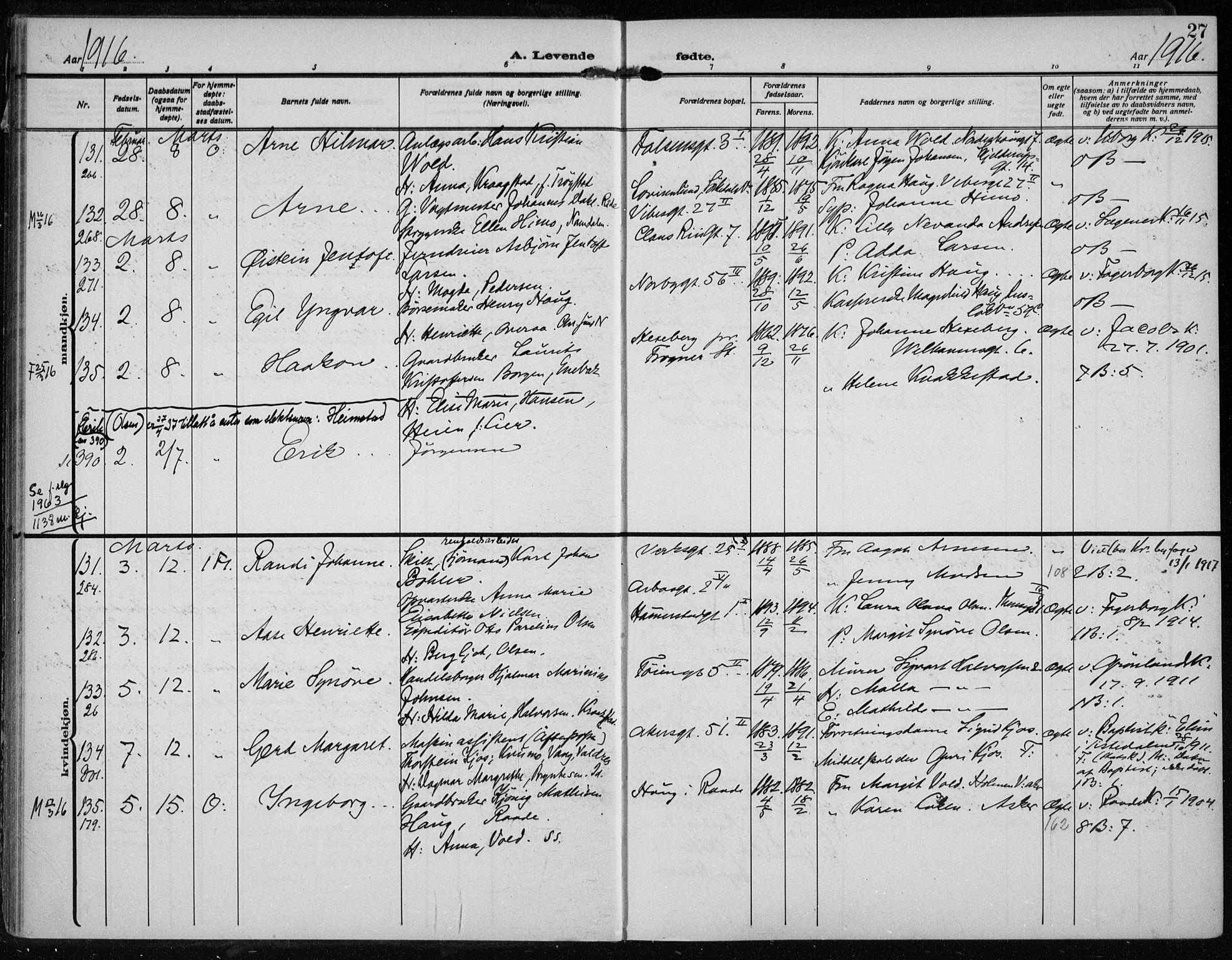 Rikshospitalet prestekontor Kirkebøker, AV/SAO-A-10309b/F/L0016: Parish register (official) no. 16, 1916-1918, p. 27