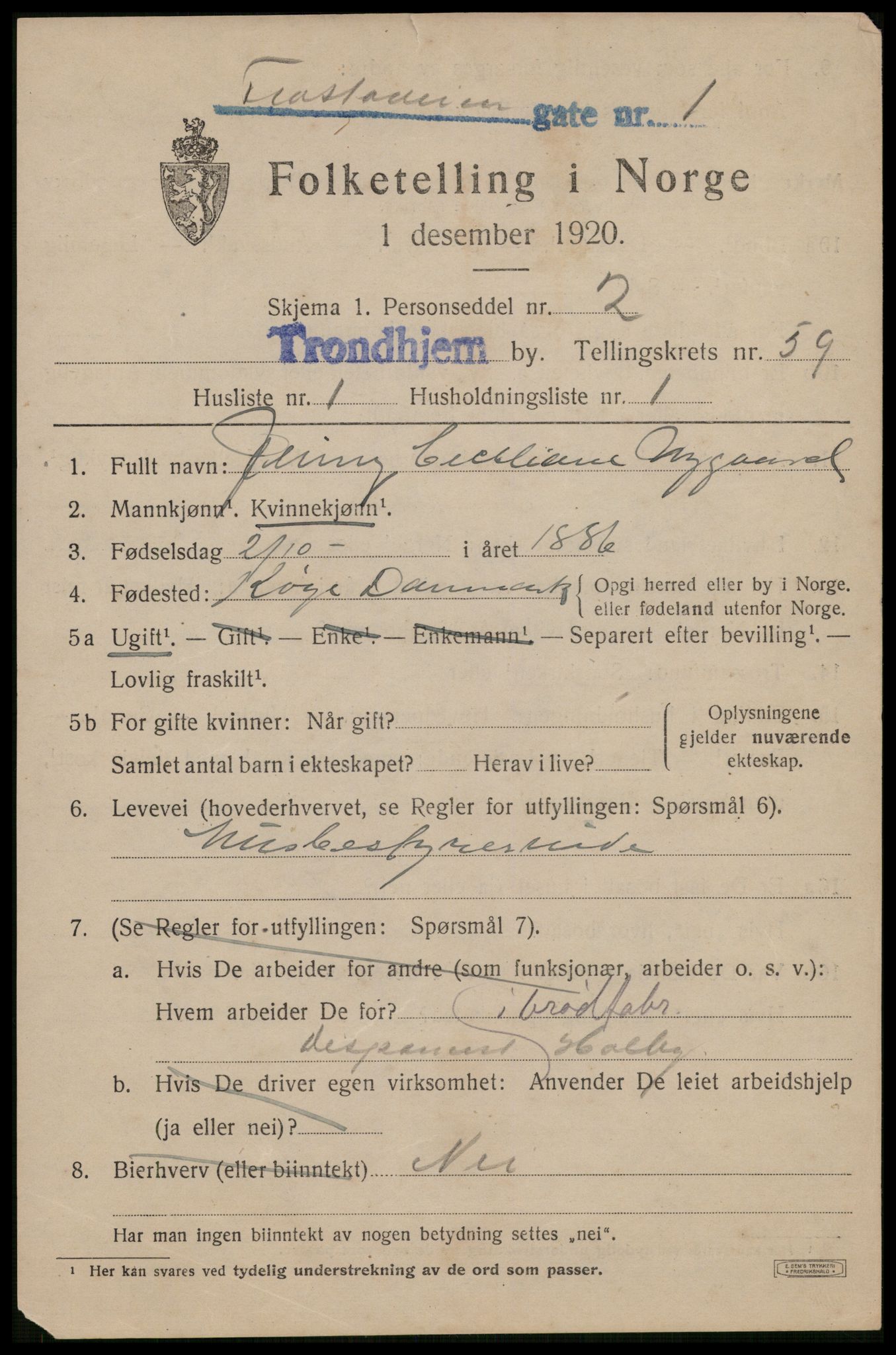 SAT, 1920 census for Trondheim, 1920, p. 119096