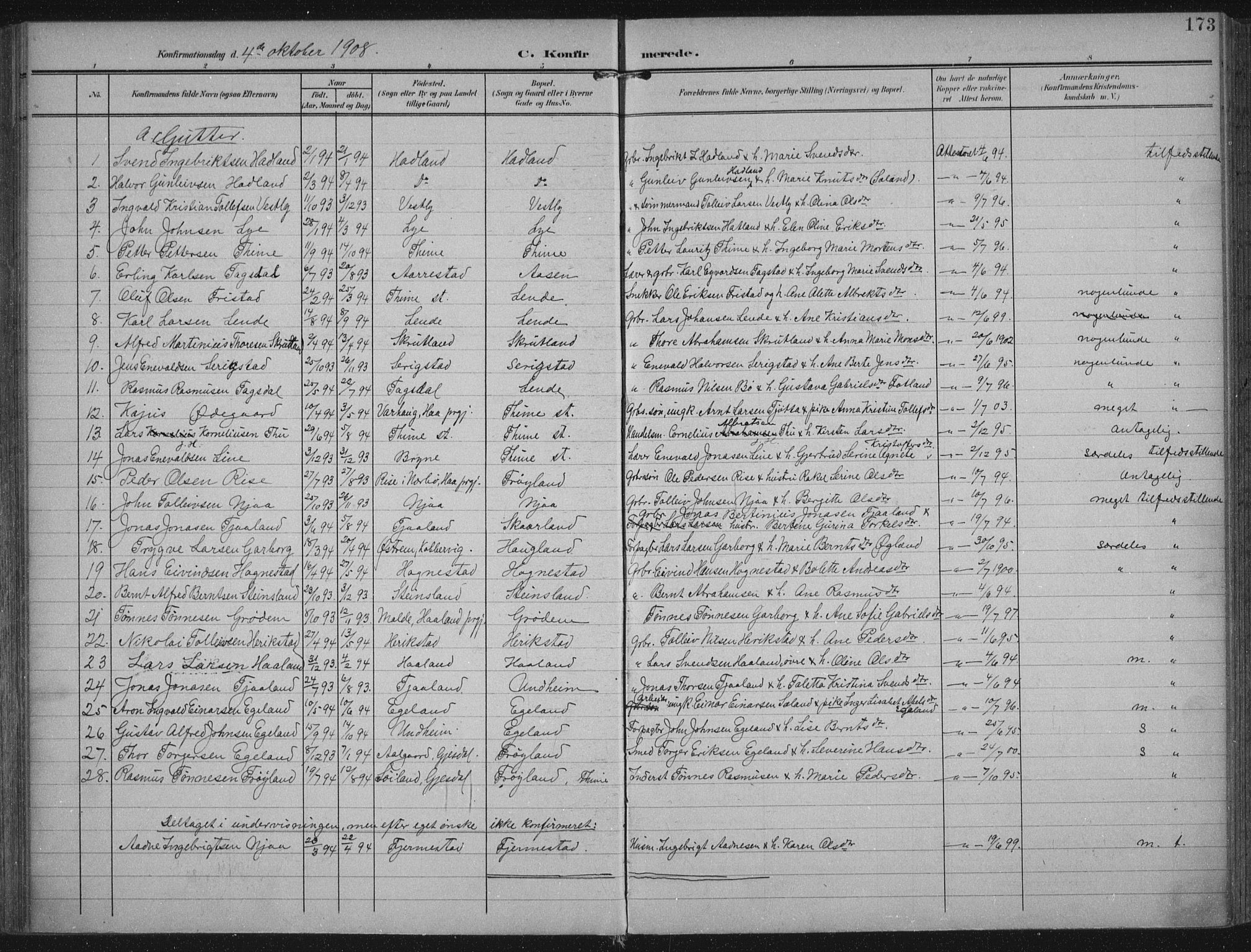 Lye sokneprestkontor, AV/SAST-A-101794/002/A/L0001: Parish register (official) no. A 12, 1904-1920, p. 173