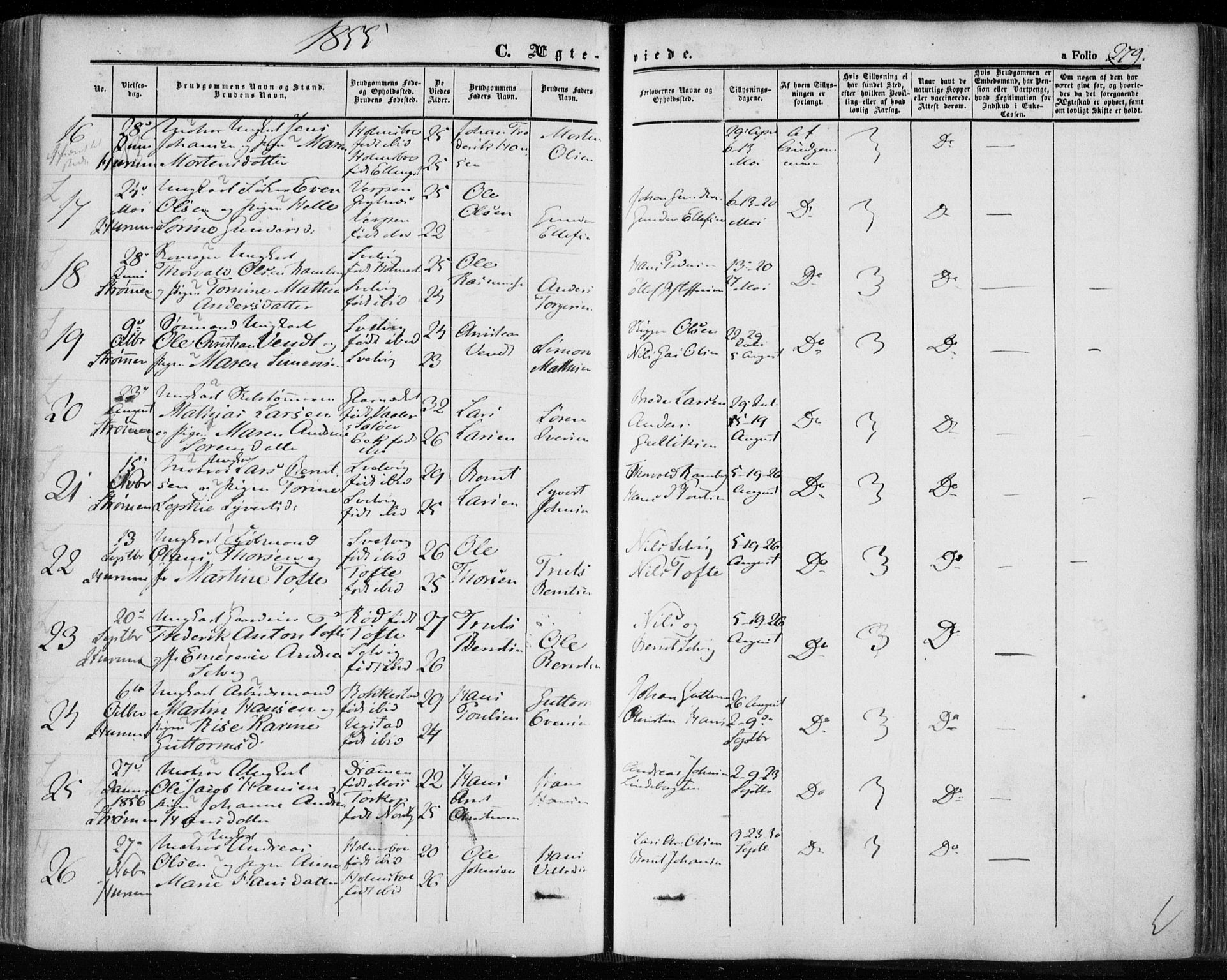 Hurum kirkebøker, SAKO/A-229/F/Fa/L0011: Parish register (official) no. 11, 1847-1860, p. 279