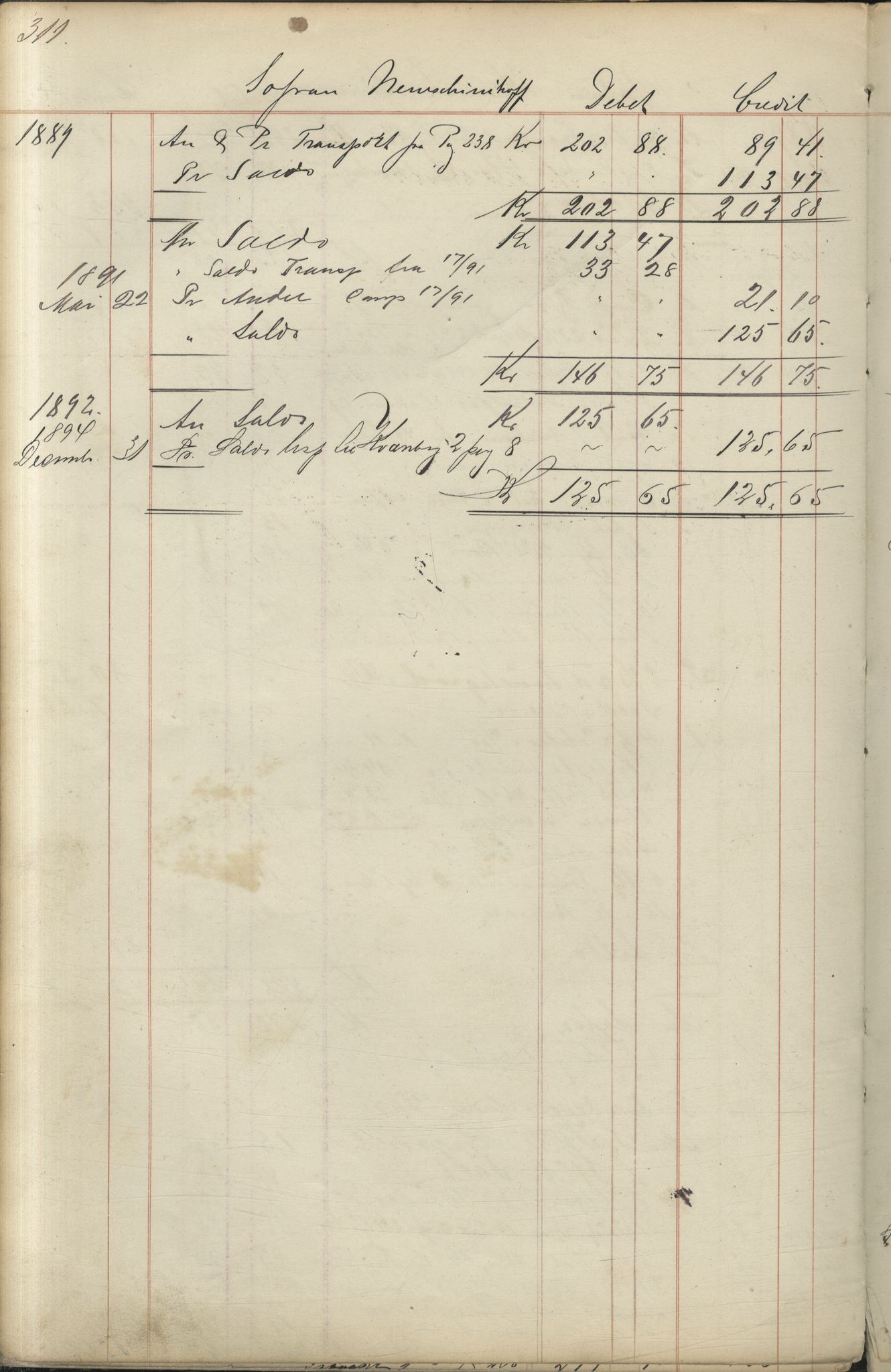 Brodtkorb handel A/S, VAMU/A-0001/F/Fc/L0001/0001: Konto for kvener og nordmenn på Kolahalvøya  / Conto for Kvæner og Nordmænd paa Russefinmarken No 1, 1868-1894, p. 311