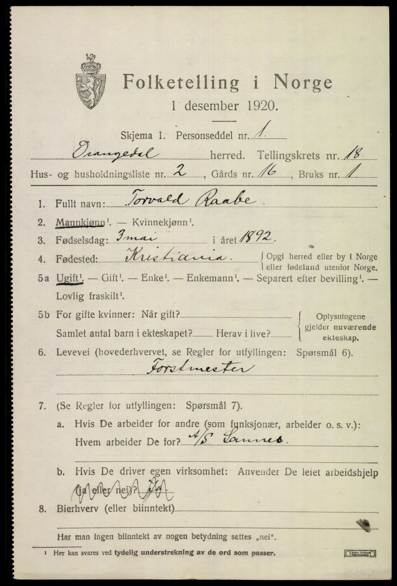 SAKO, 1920 census for Drangedal, 1920, p. 8321