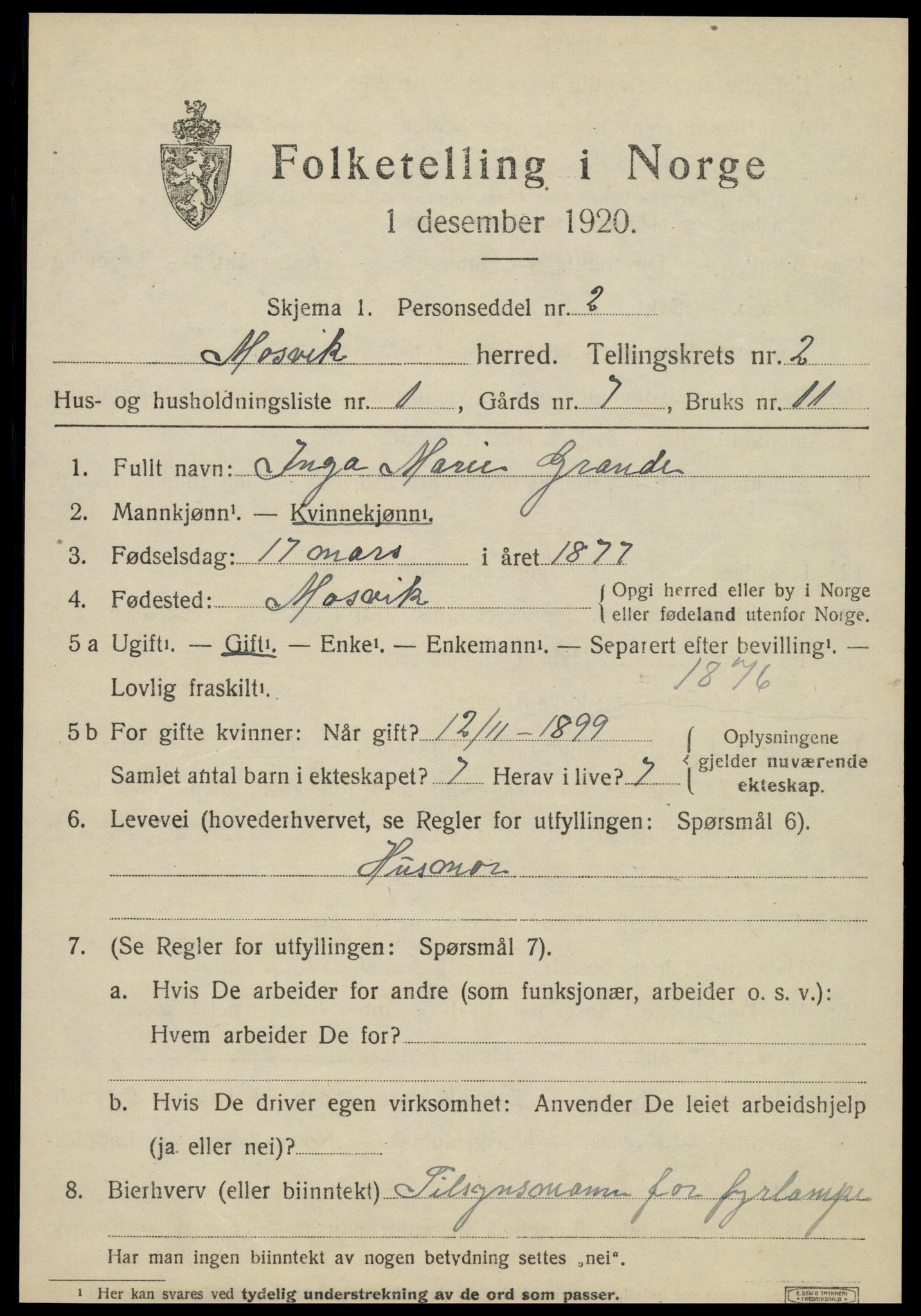 SAT, 1920 census for Mosvik, 1920, p. 564