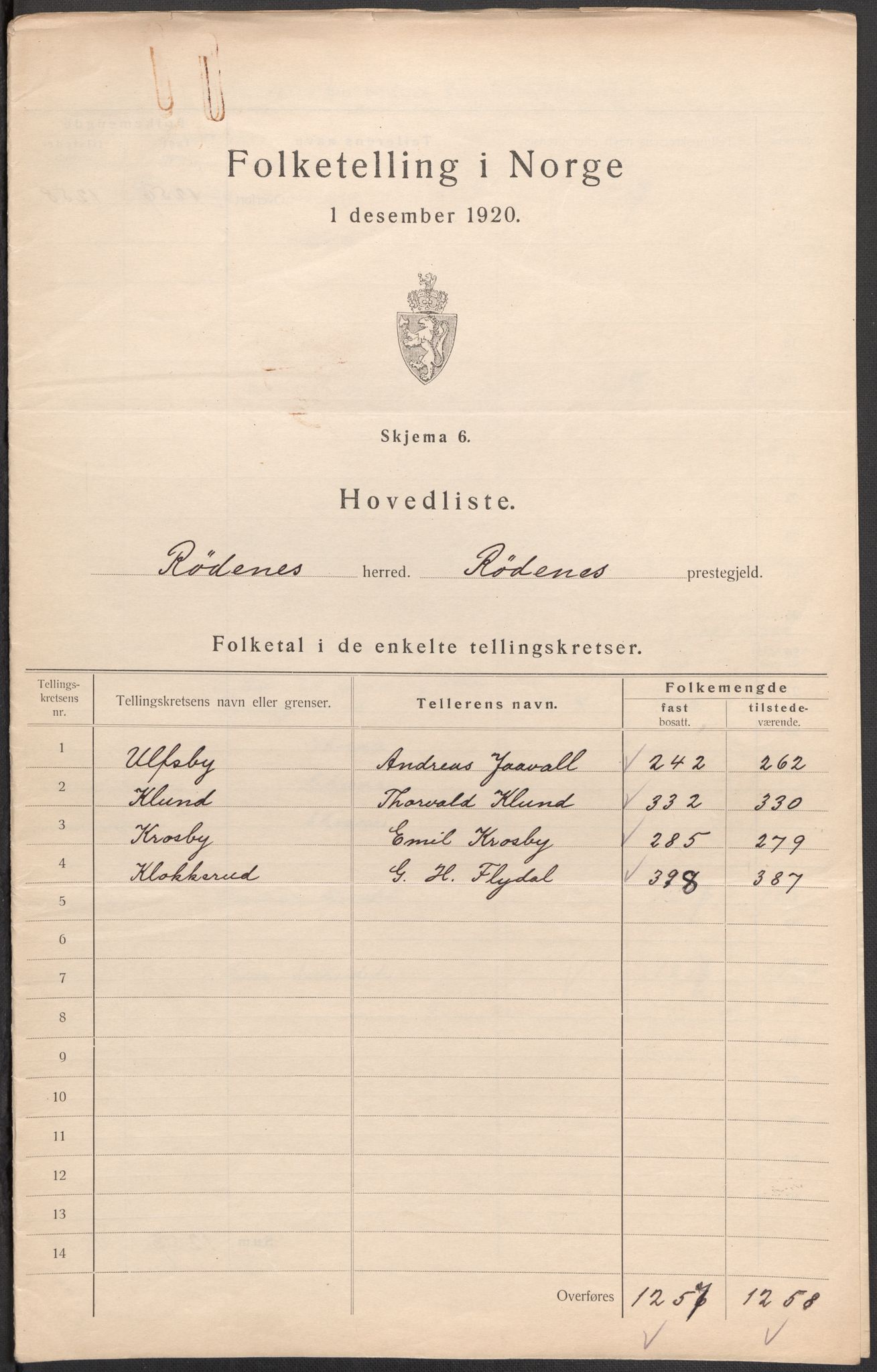 SAO, 1920 census for Rødenes, 1920, p. 6