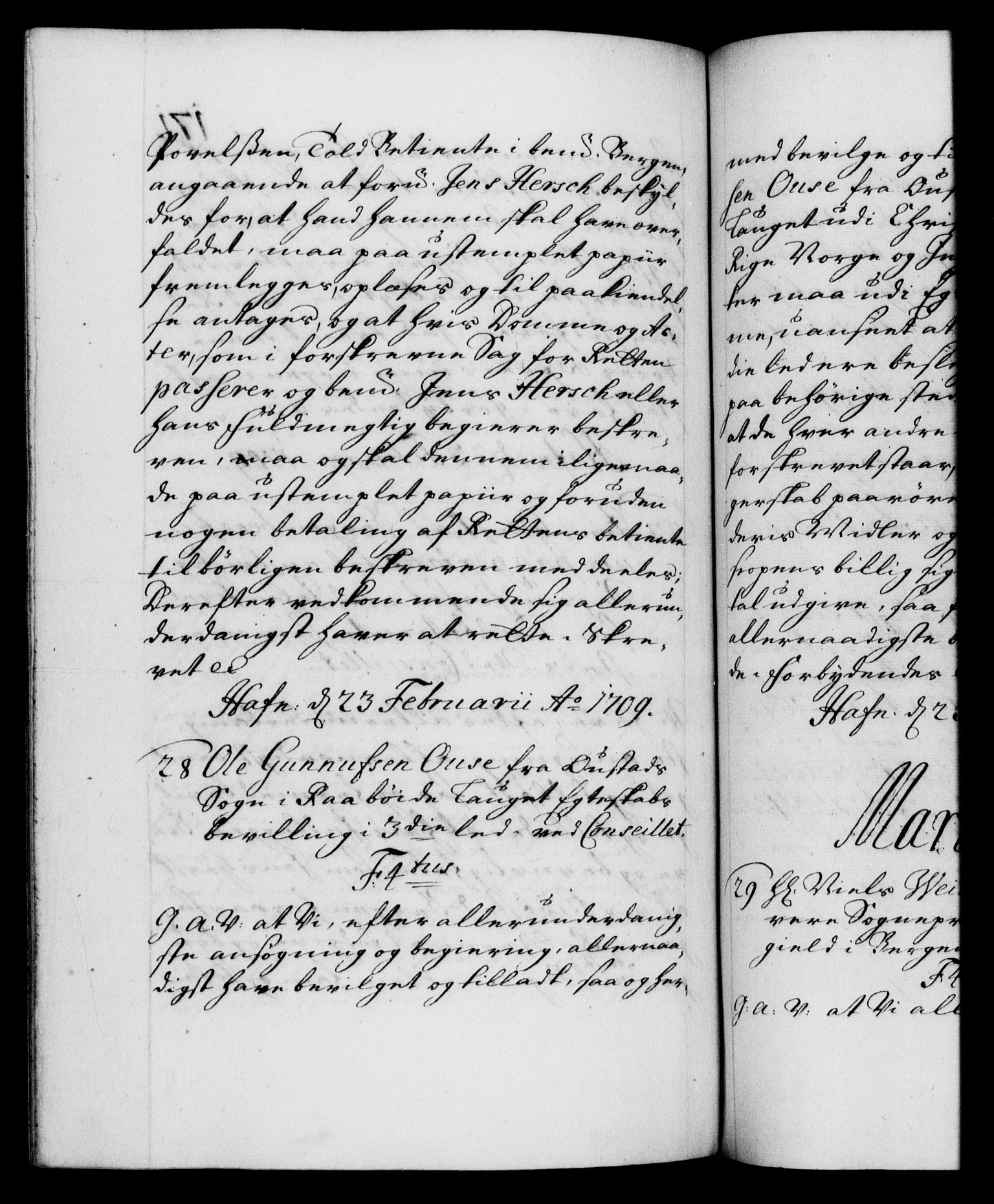 Danske Kanselli 1572-1799, RA/EA-3023/F/Fc/Fca/Fcaa/L0020: Norske registre, 1708-1711, p. 171b