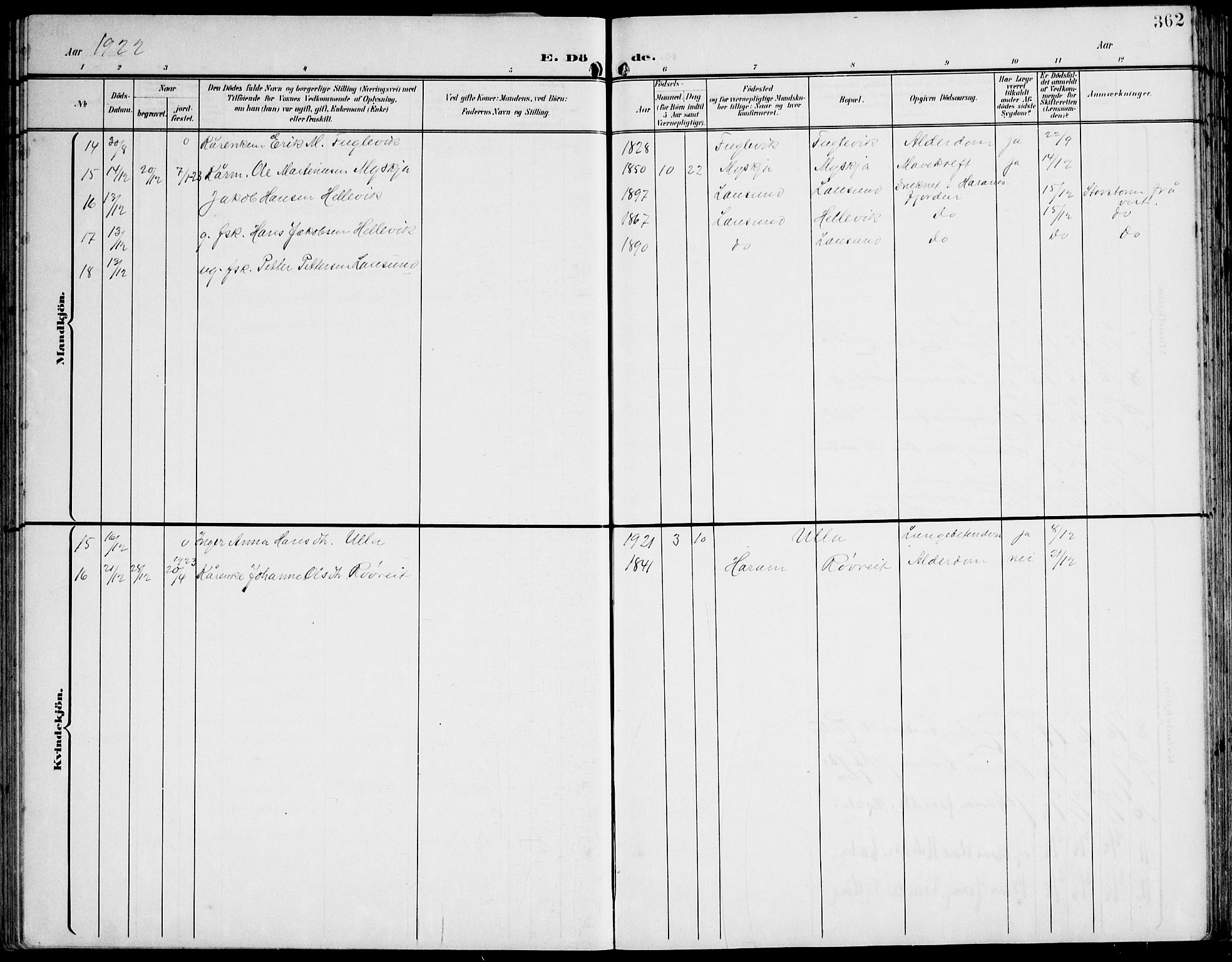 Ministerialprotokoller, klokkerbøker og fødselsregistre - Møre og Romsdal, AV/SAT-A-1454/536/L0511: Parish register (copy) no. 536C06, 1899-1944, p. 362