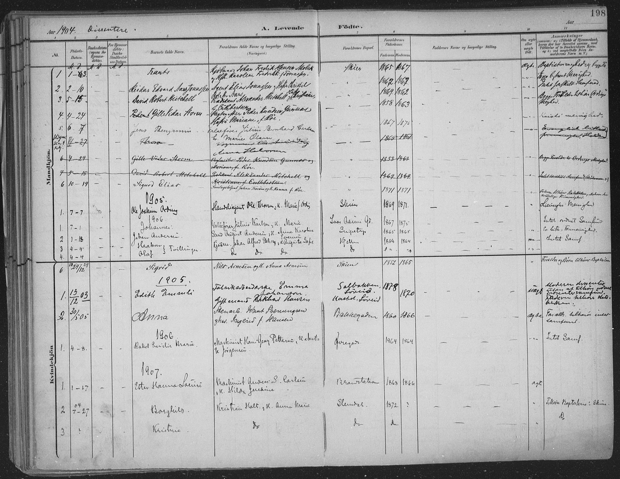 Skien kirkebøker, SAKO/A-302/F/Fa/L0011: Parish register (official) no. 11, 1900-1907, p. 198