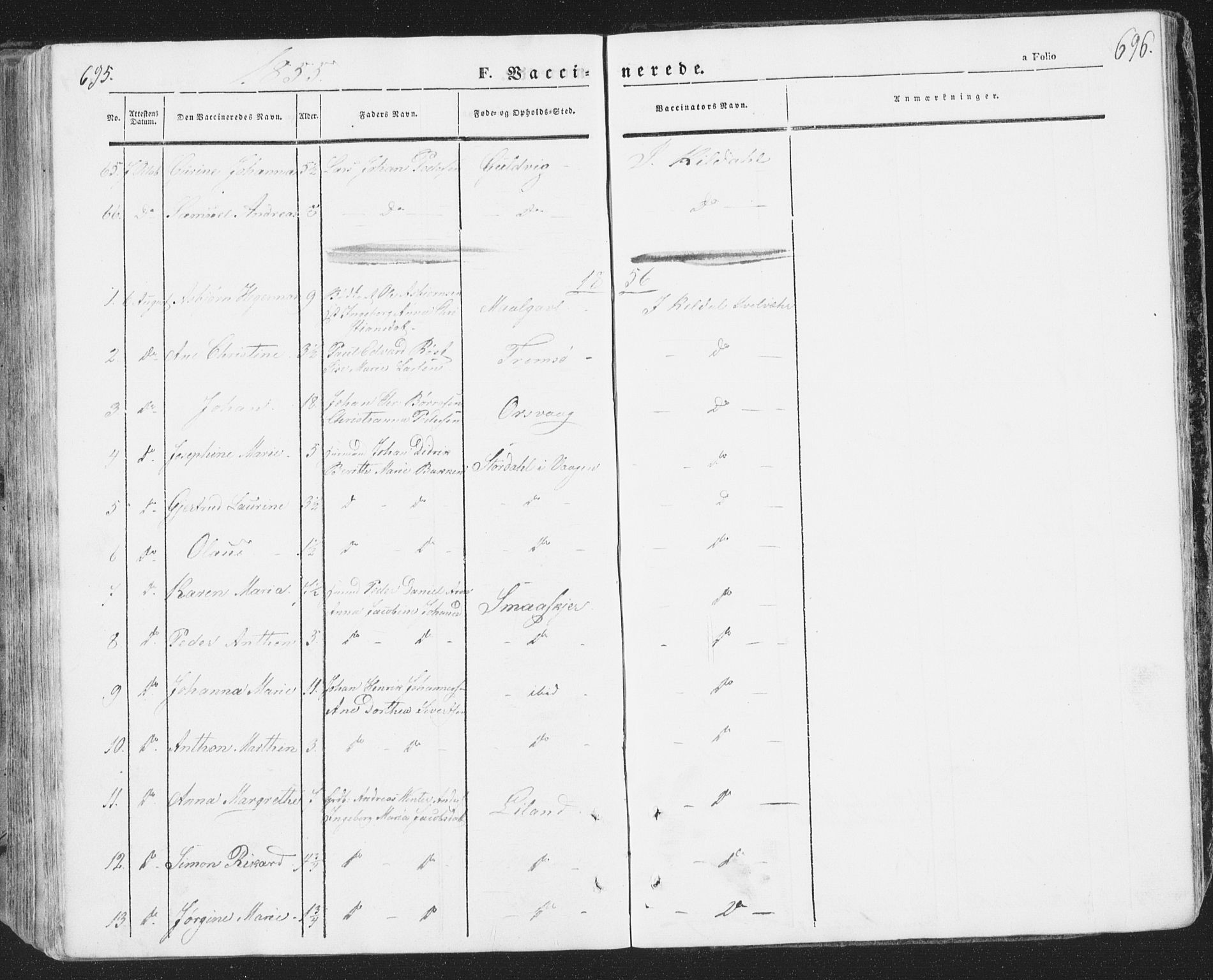Ministerialprotokoller, klokkerbøker og fødselsregistre - Nordland, SAT/A-1459/874/L1072: Parish register (copy) no. 874C01, 1843-1859, p. 695-696