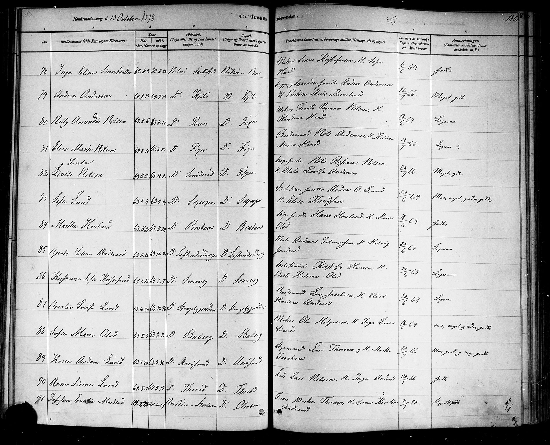 Nøtterøy kirkebøker, AV/SAKO-A-354/F/Fa/L0008: Parish register (official) no. I 8, 1878-1893, p. 186