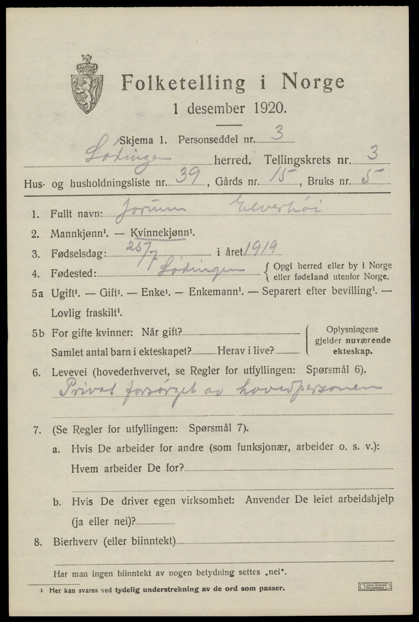 SAT, 1920 census for Lødingen, 1920, p. 2589