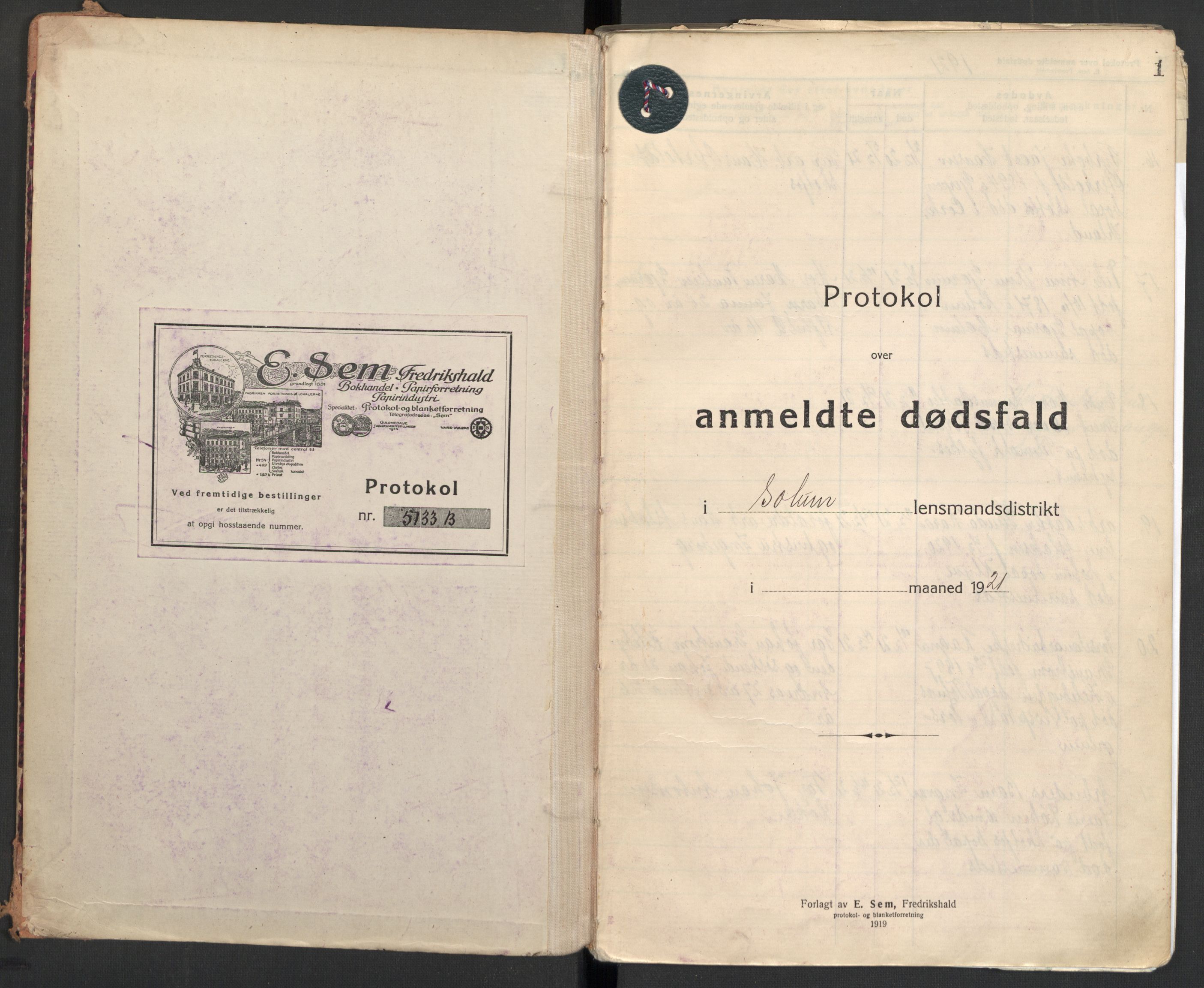 Solum lensmannskontor, SAKO/A-575/H/Ha/L0005: Dødsanmeldelsesprotokoll, 1921-1924, p. 1