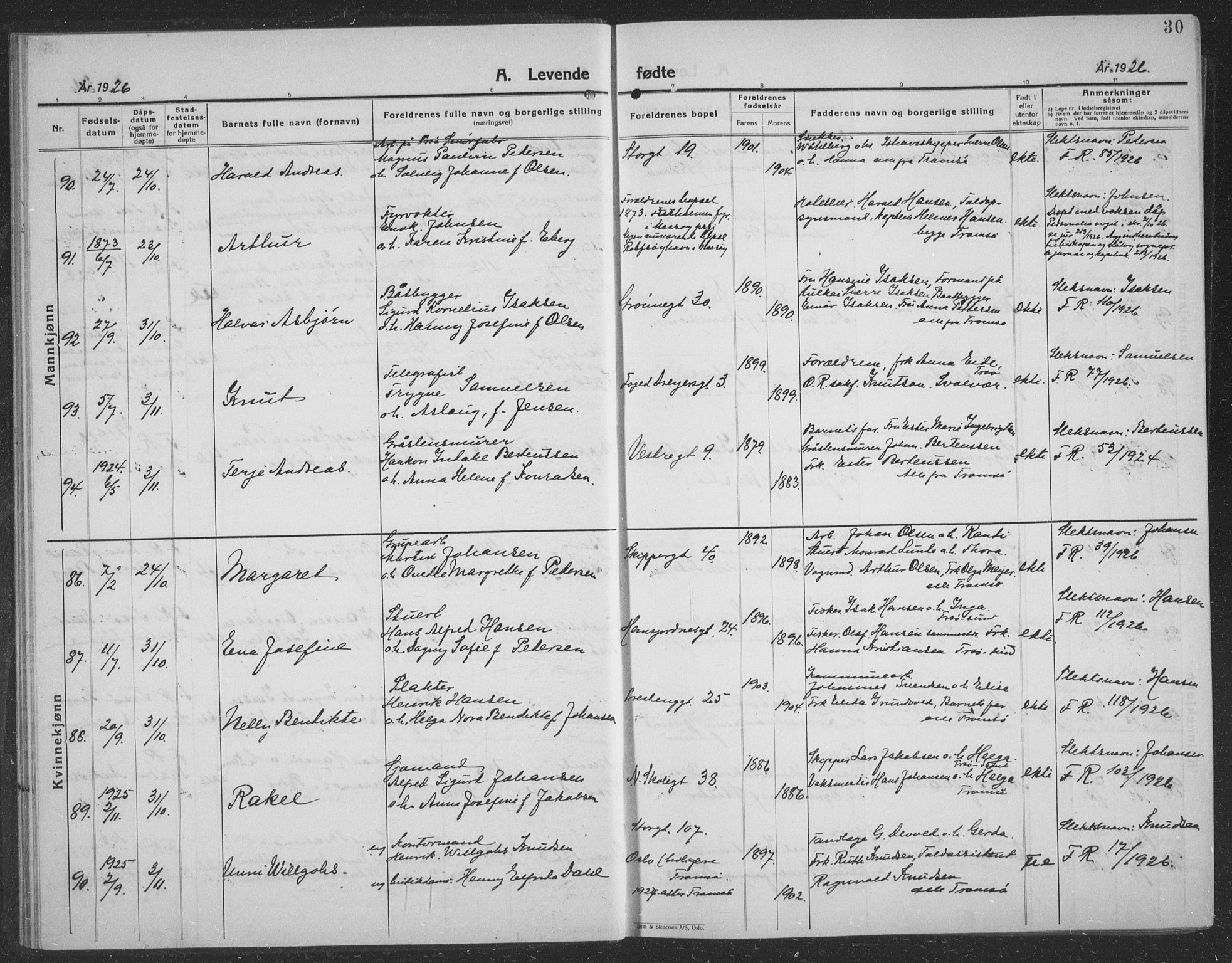 Tromsø sokneprestkontor/stiftsprosti/domprosti, AV/SATØ-S-1343/G/Gb/L0010klokker: Parish register (copy) no. 10, 1925-1937, p. 30