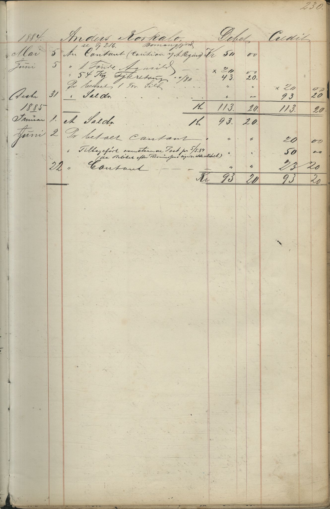 Brodtkorb handel A/S, VAMU/A-0001/F/Fc/L0001/0001: Konto for kvener og nordmenn på Kolahalvøya  / Conto for Kvæner og Nordmænd paa Russefinmarken No 1, 1868-1894, p. 230