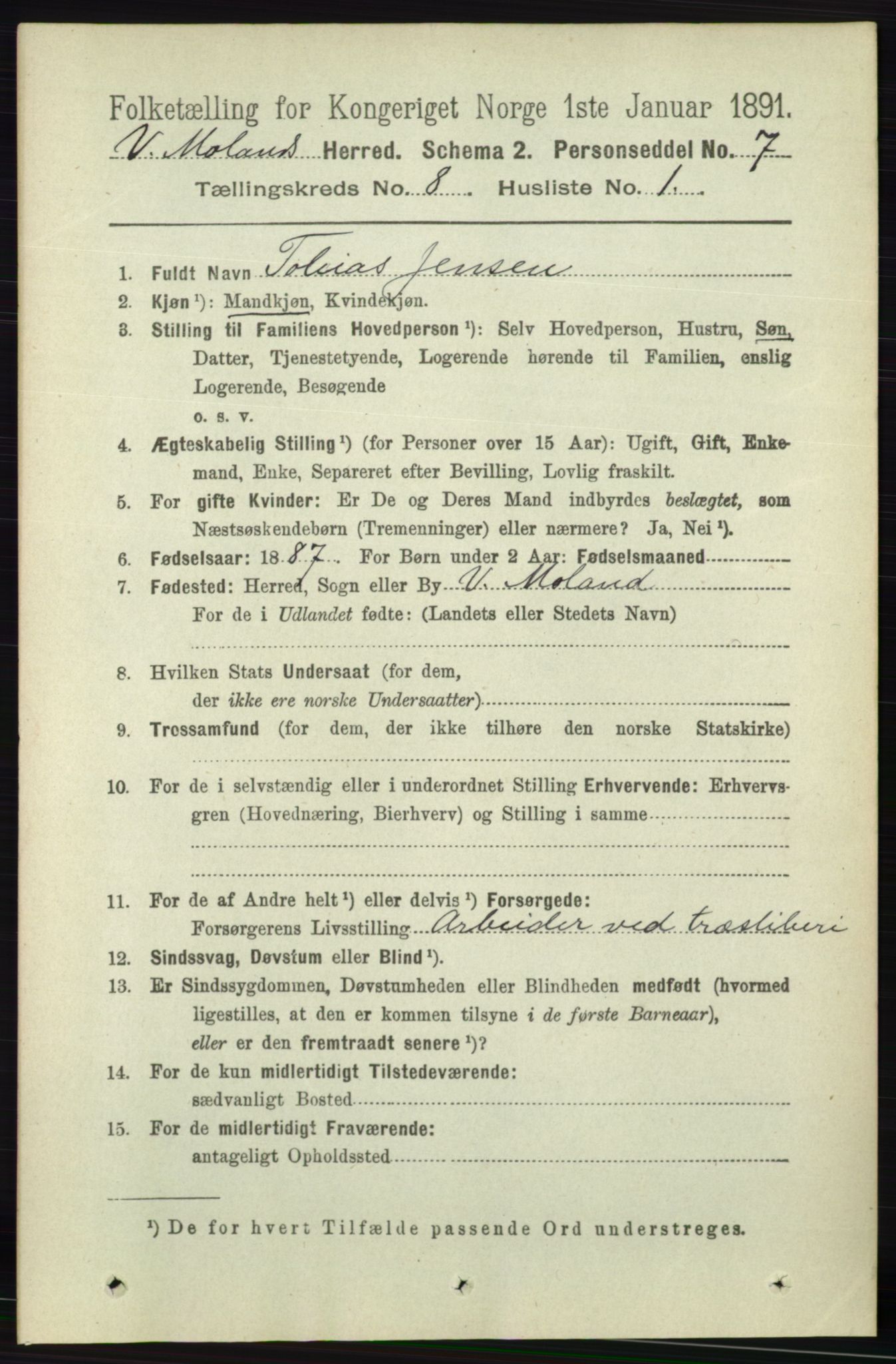 RA, 1891 census for 0926 Vestre Moland, 1891, p. 3004