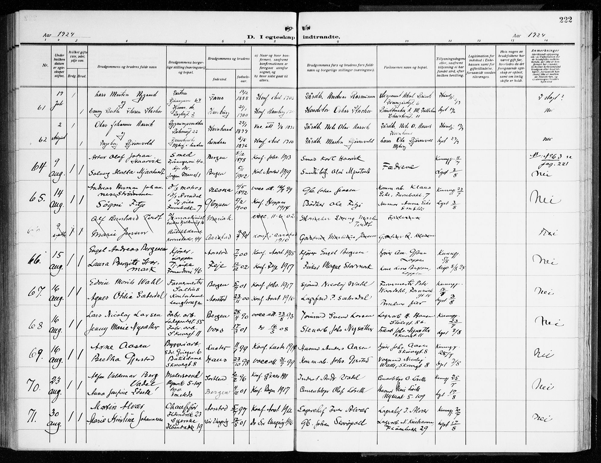 Årstad Sokneprestembete, AV/SAB-A-79301/H/Haa/L0004: Parish register (official) no. A 4, 1919-1928, p. 222