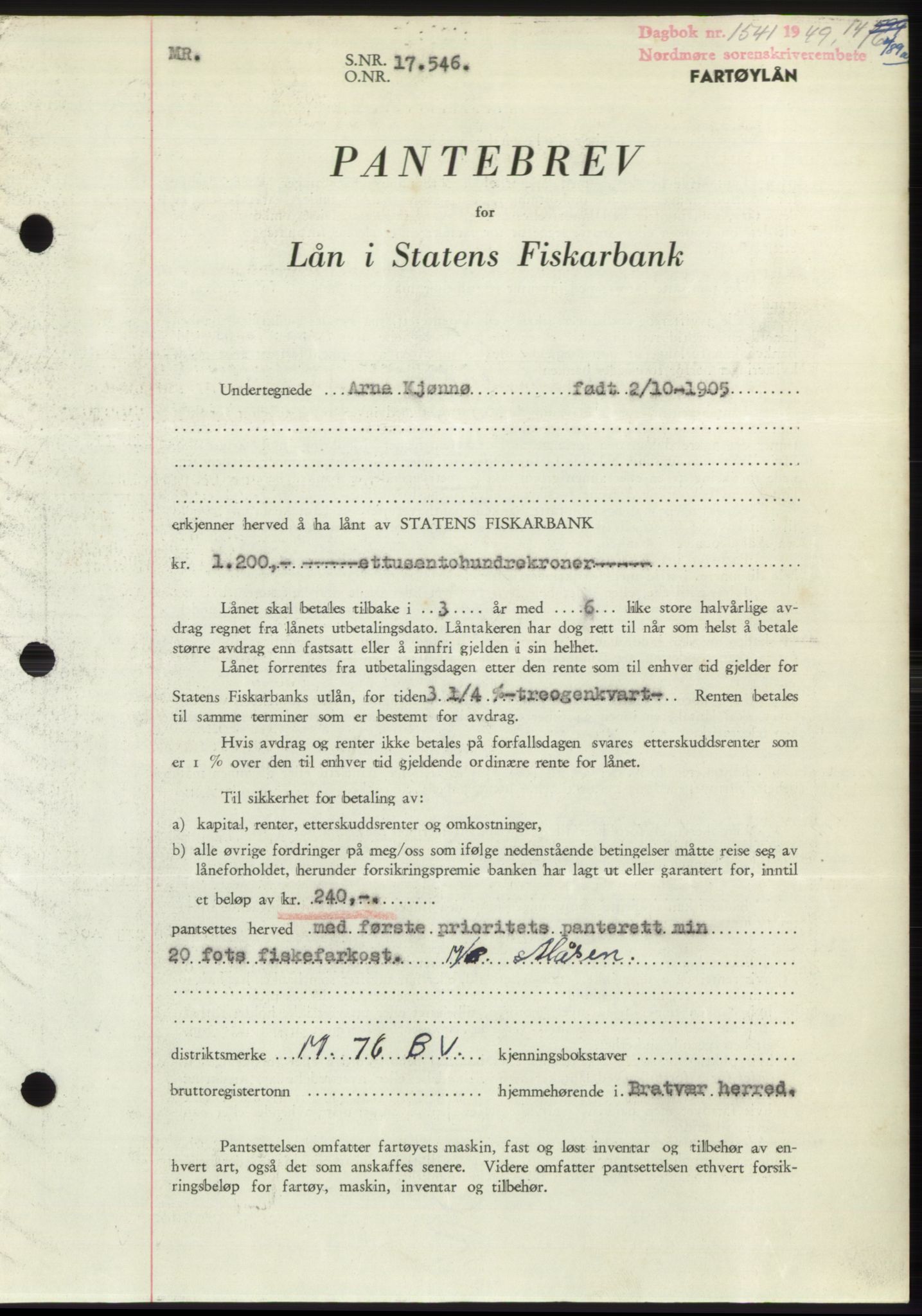 Nordmøre sorenskriveri, AV/SAT-A-4132/1/2/2Ca: Mortgage book no. B101, 1949-1949, Diary no: : 1541/1949