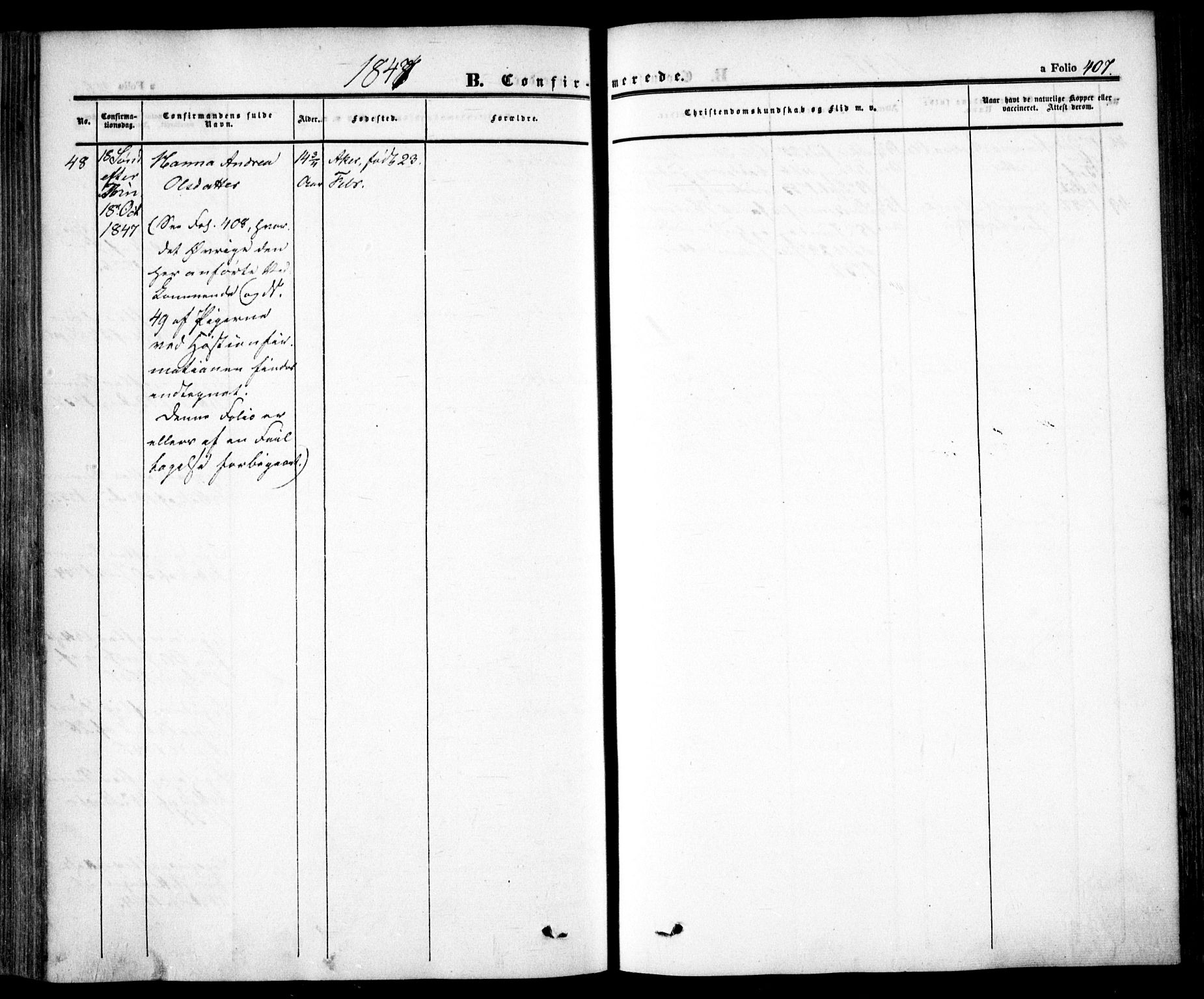 Oslo domkirke Kirkebøker, SAO/A-10752/F/Fa/L0013: Parish register (official) no. 13, 1844-1864, p. 407