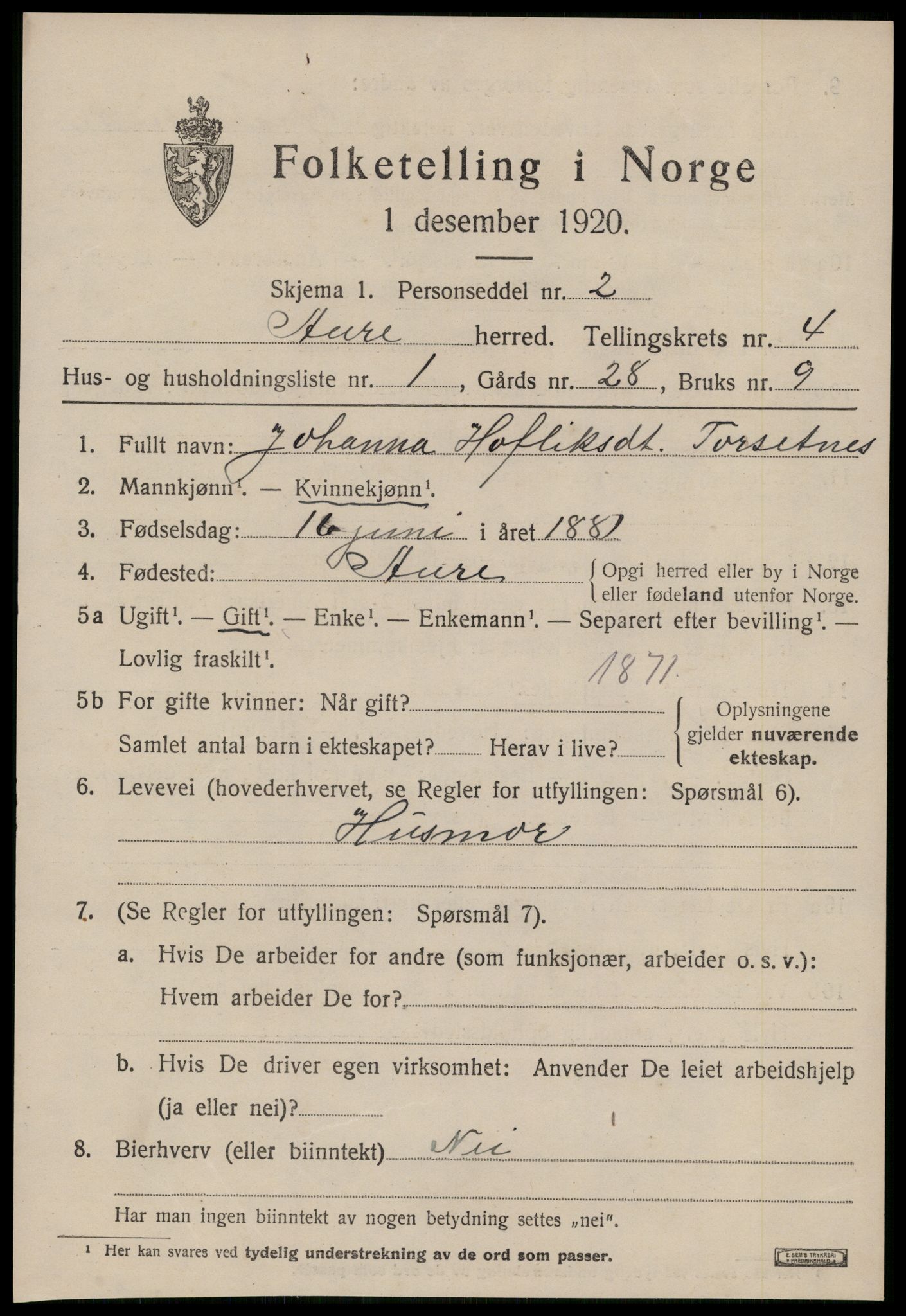 SAT, 1920 census for Aure, 1920, p. 1872