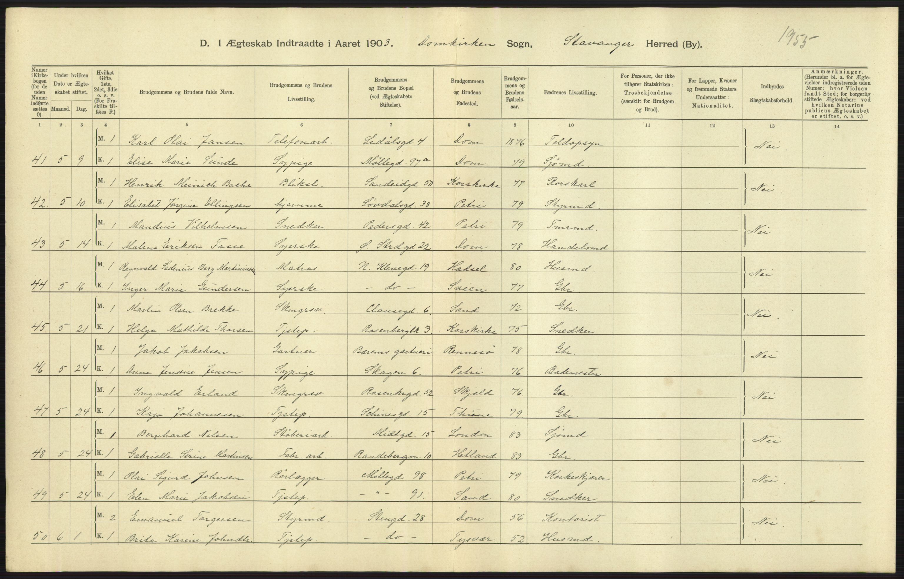 Statistisk sentralbyrå, Sosiodemografiske emner, Befolkning, AV/RA-S-2228/D/Df/Dfa/Dfaa/L0012: Stavanger amt: Fødte, gifte, døde, 1903, p. 603