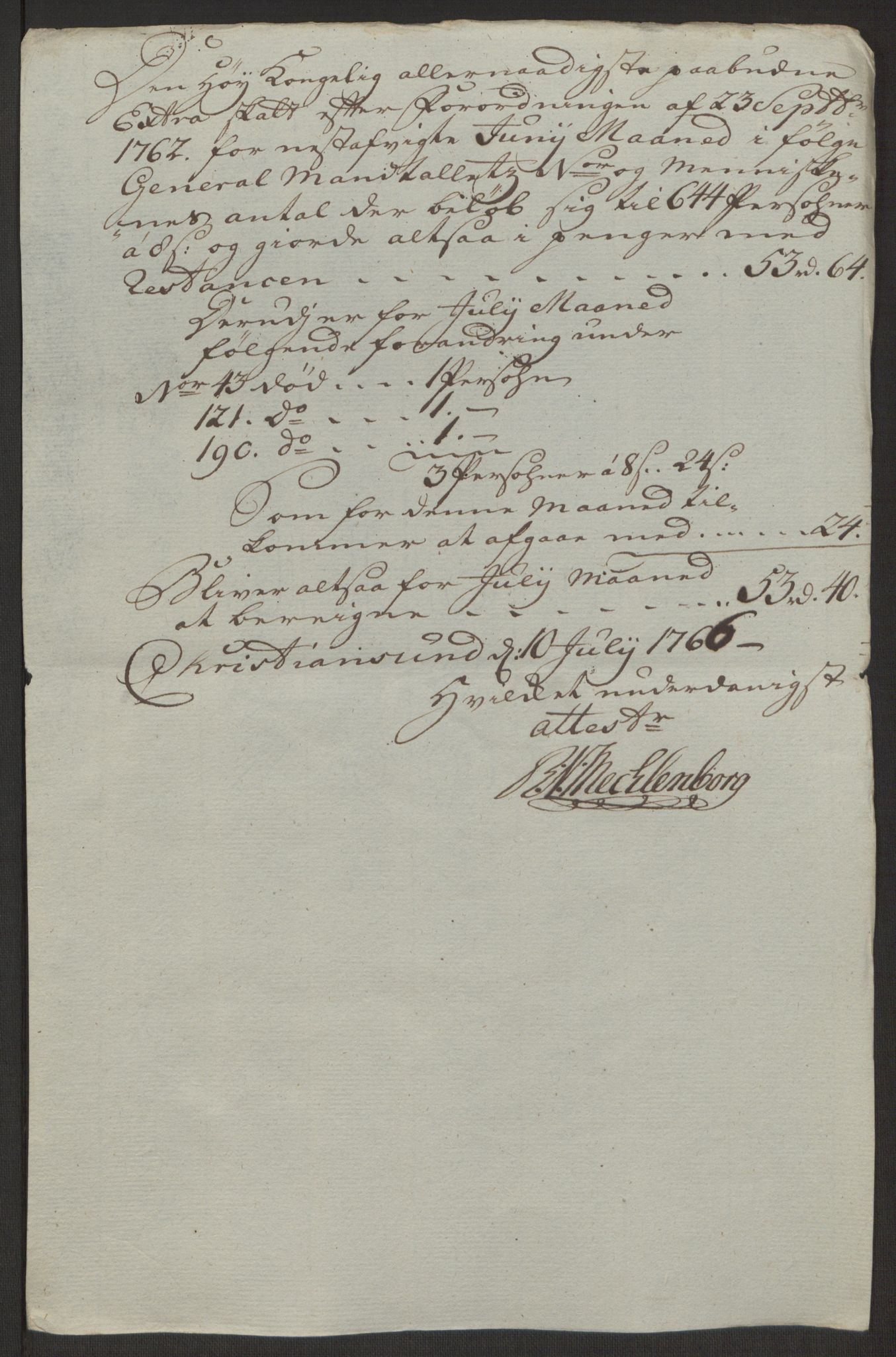 Rentekammeret inntil 1814, Reviderte regnskaper, Byregnskaper, AV/RA-EA-4066/R/Rr/L0495/0004: [R1] Kontribusjonsregnskap / Ekstraskatt, 1762-1772, p. 124