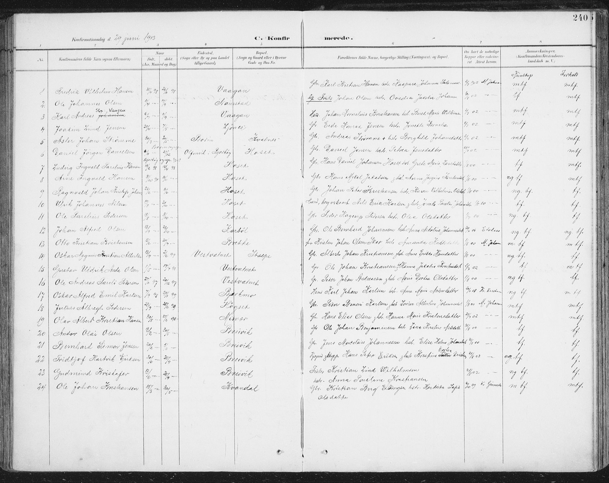 Ministerialprotokoller, klokkerbøker og fødselsregistre - Nordland, AV/SAT-A-1459/852/L0741: Parish register (official) no. 852A11, 1894-1917, p. 240