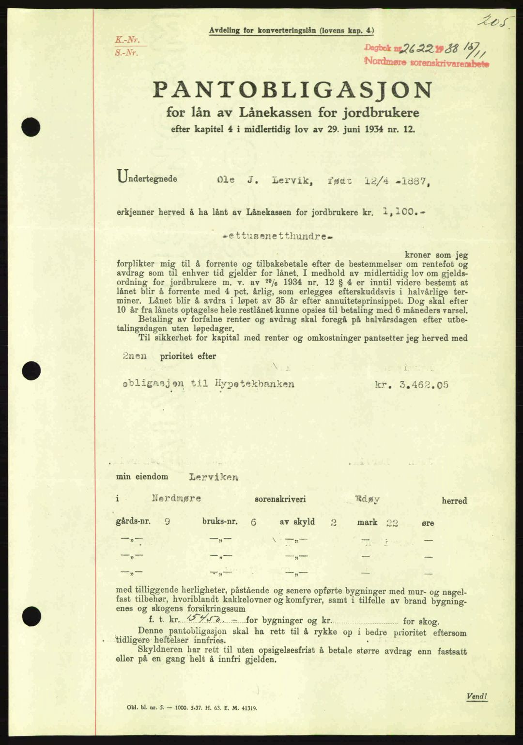 Nordmøre sorenskriveri, SAT/A-4132/1/2/2Ca: Mortgage book no. B84, 1938-1939, Diary no: : 2622/1938