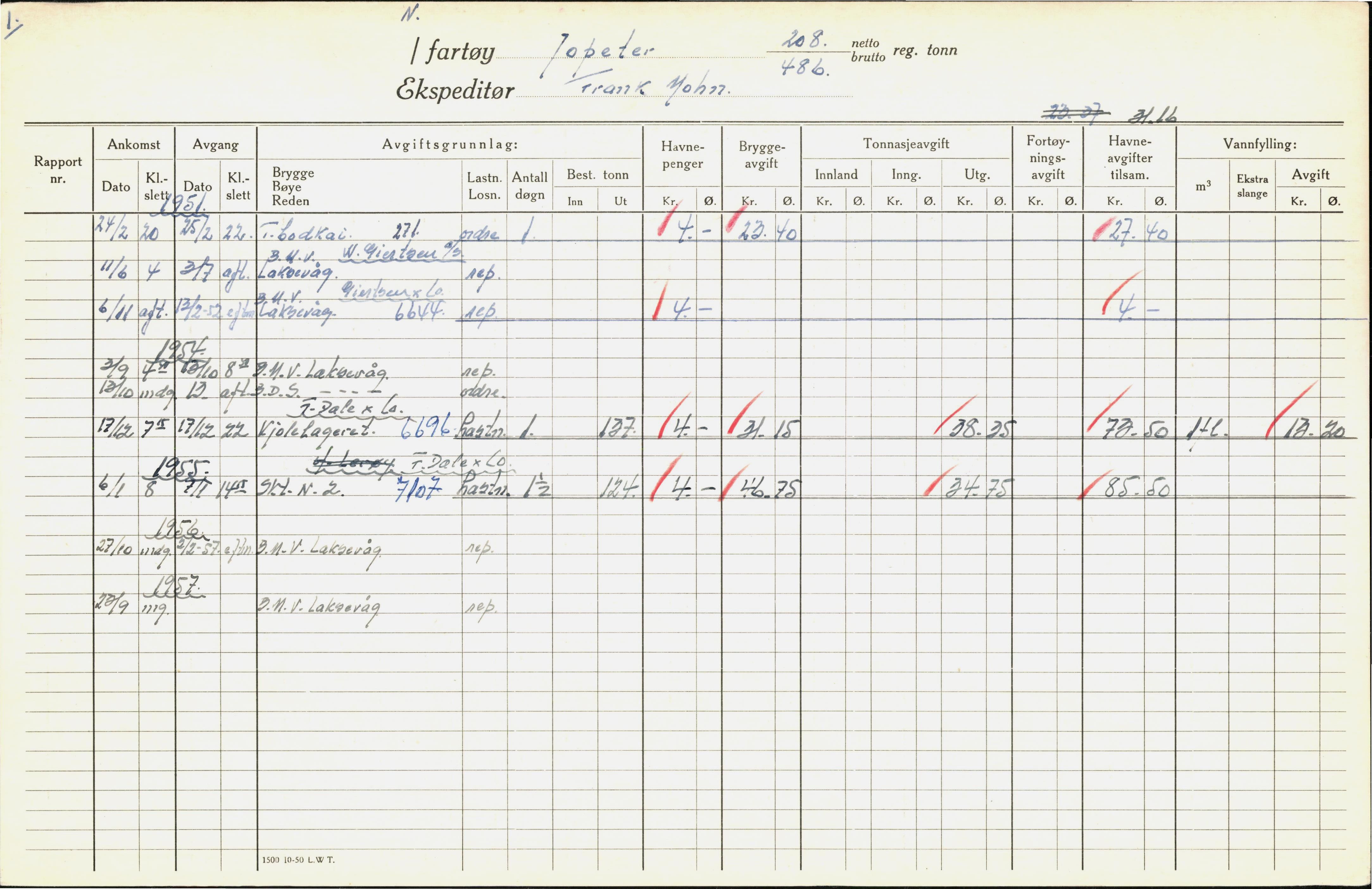 Bergen kommune. Havnekontor/havnefogd, BBA/A-0742/H/Ha/Hac/L0028: Skipsregister Jopeter-Karanzin, 1941-1975