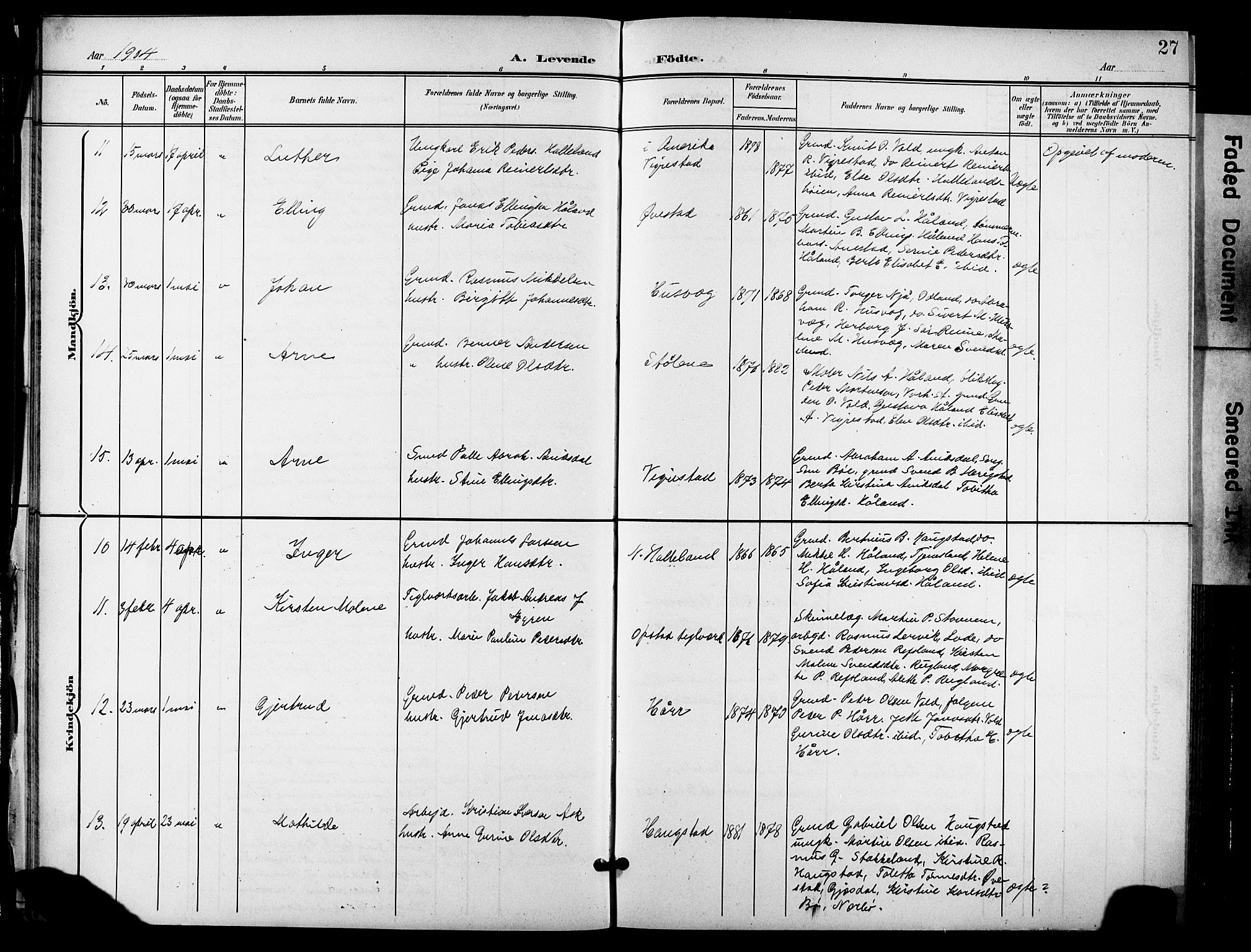 Hå sokneprestkontor, AV/SAST-A-101801/001/30BB/L0006: Parish register (copy) no. B 6, 1900-1924, p. 27