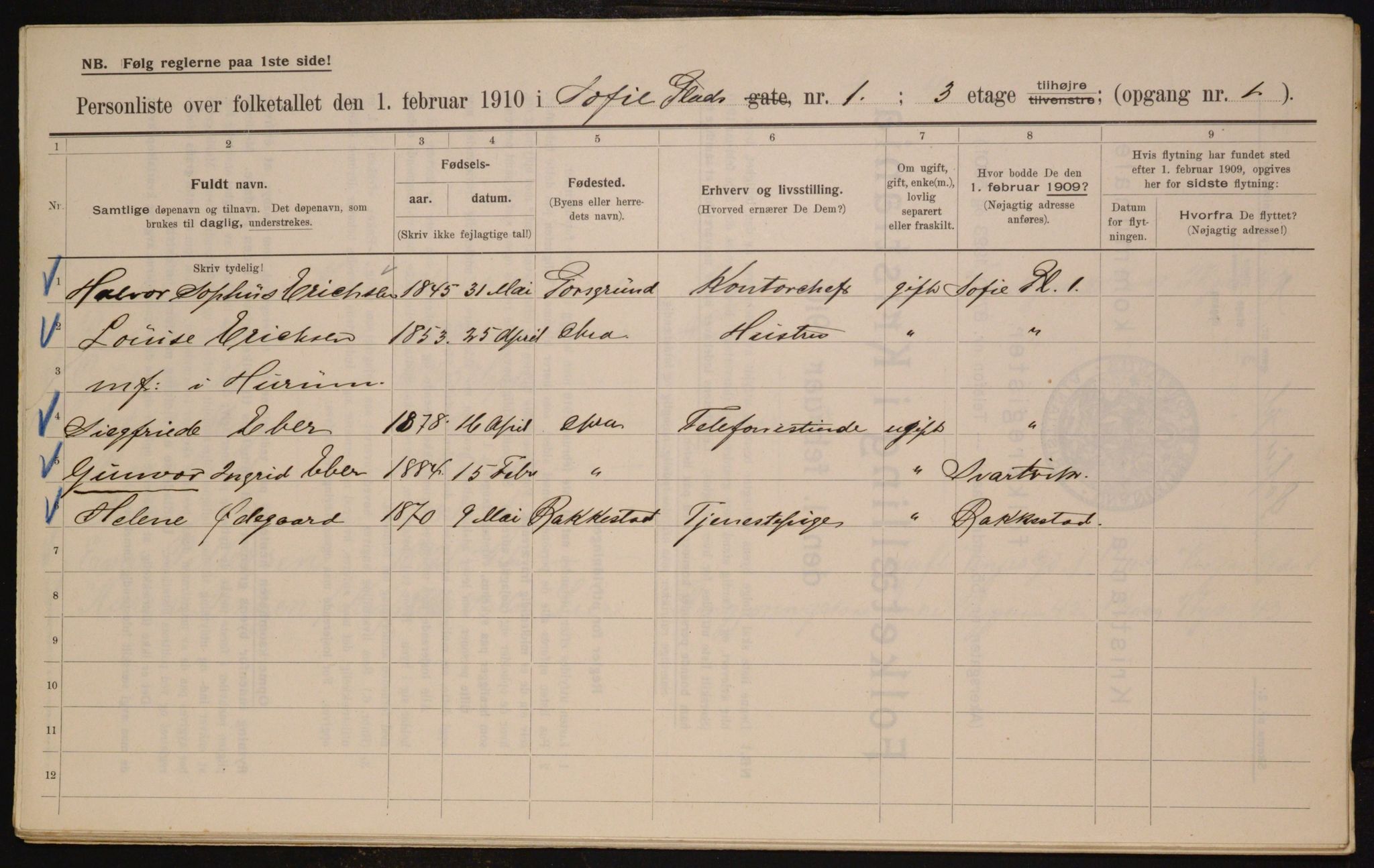 OBA, Municipal Census 1910 for Kristiania, 1910, p. 94676