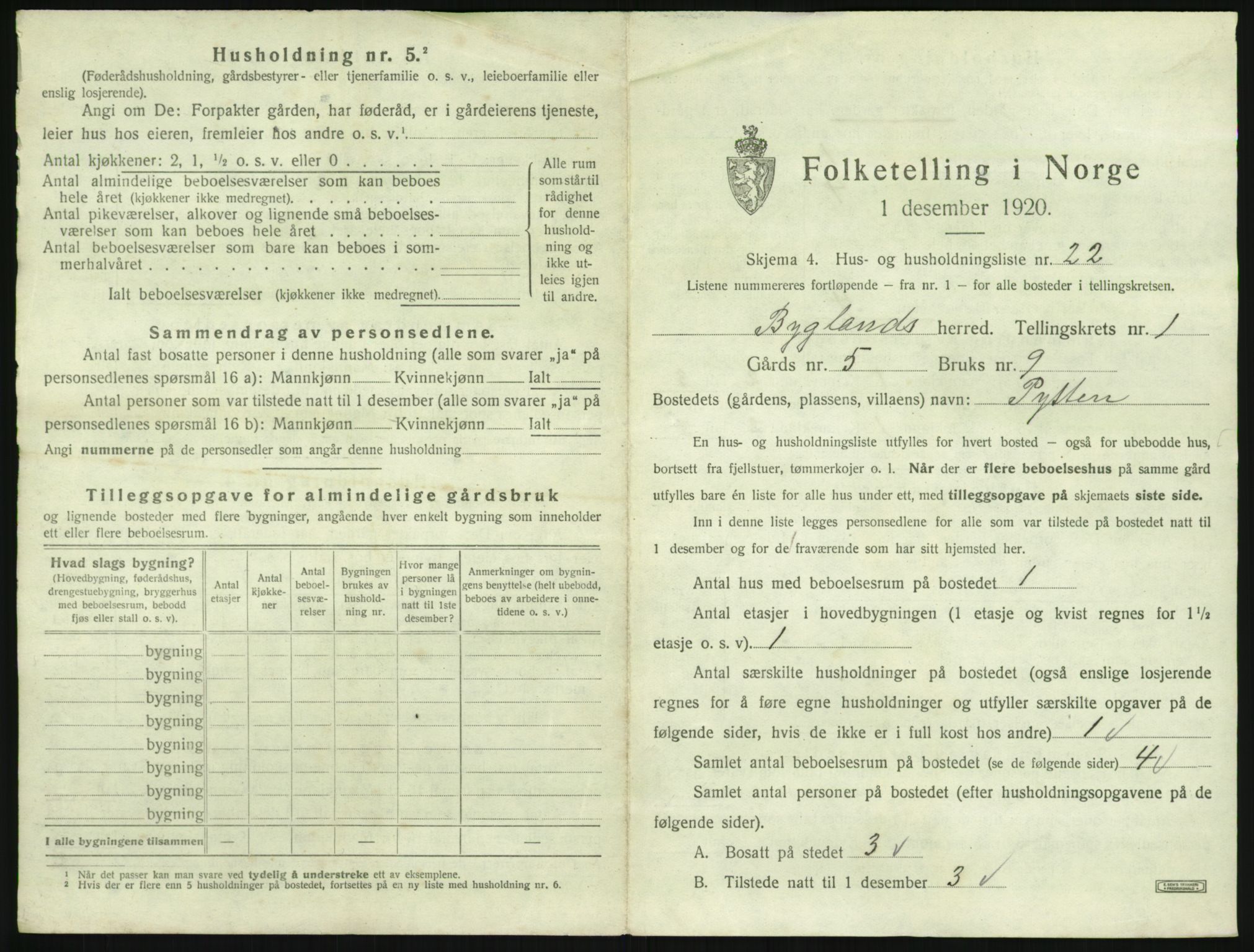 SAK, 1920 census for Bygland, 1920, p. 103