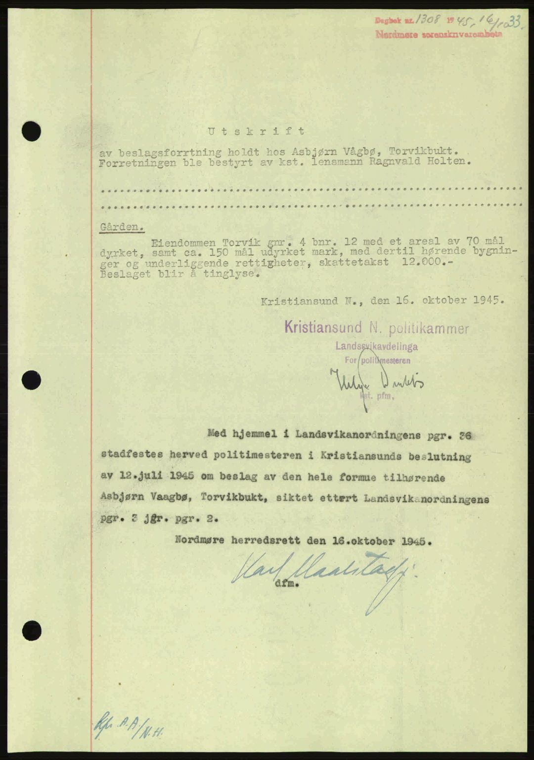 Nordmøre sorenskriveri, AV/SAT-A-4132/1/2/2Ca: Mortgage book no. B93a, 1945-1945, Diary no: : 1308/1945