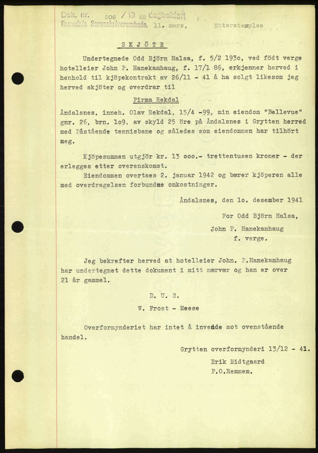 Romsdal sorenskriveri, AV/SAT-A-4149/1/2/2C: Mortgage book no. A12, 1942-1942, Diary no: : 506/1942