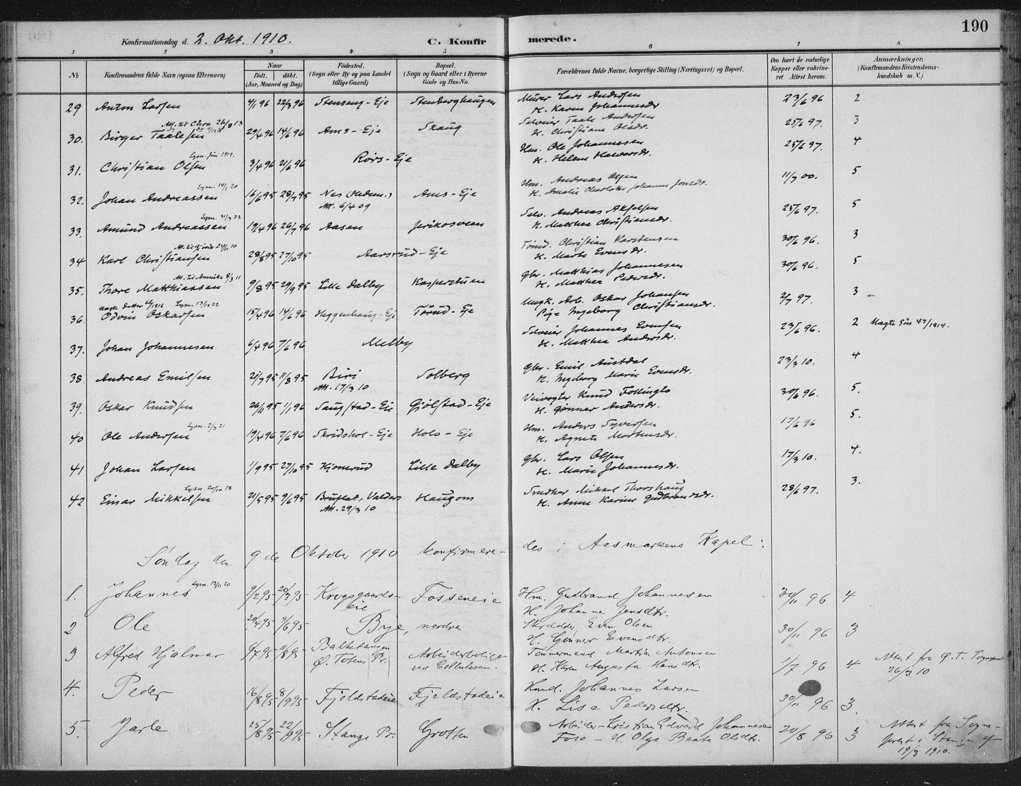 Ringsaker prestekontor, SAH/PREST-014/K/Ka/L0018: Parish register (official) no. 18, 1903-1912, p. 190