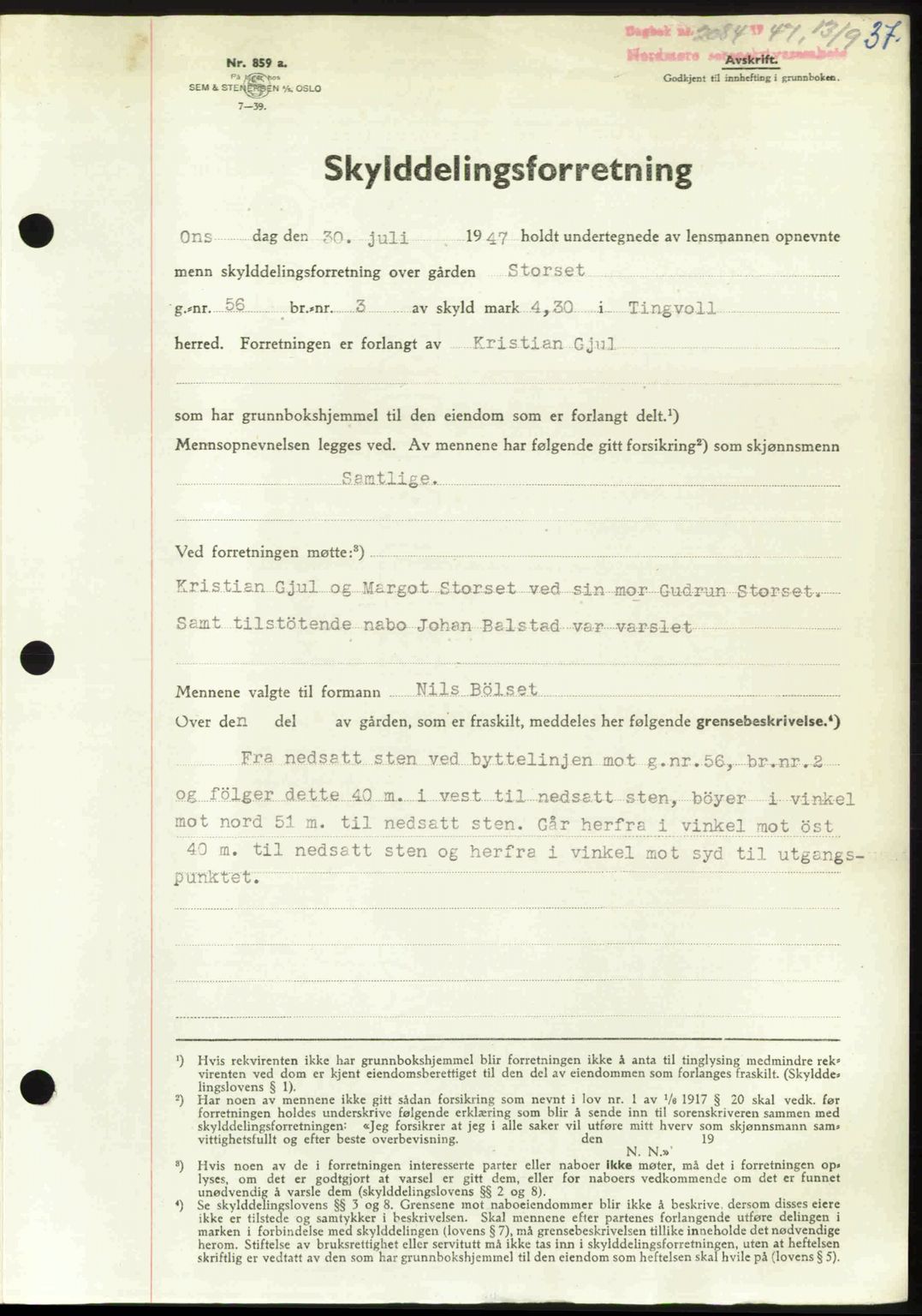 Nordmøre sorenskriveri, AV/SAT-A-4132/1/2/2Ca: Mortgage book no. A106, 1947-1947, Diary no: : 2084/1947