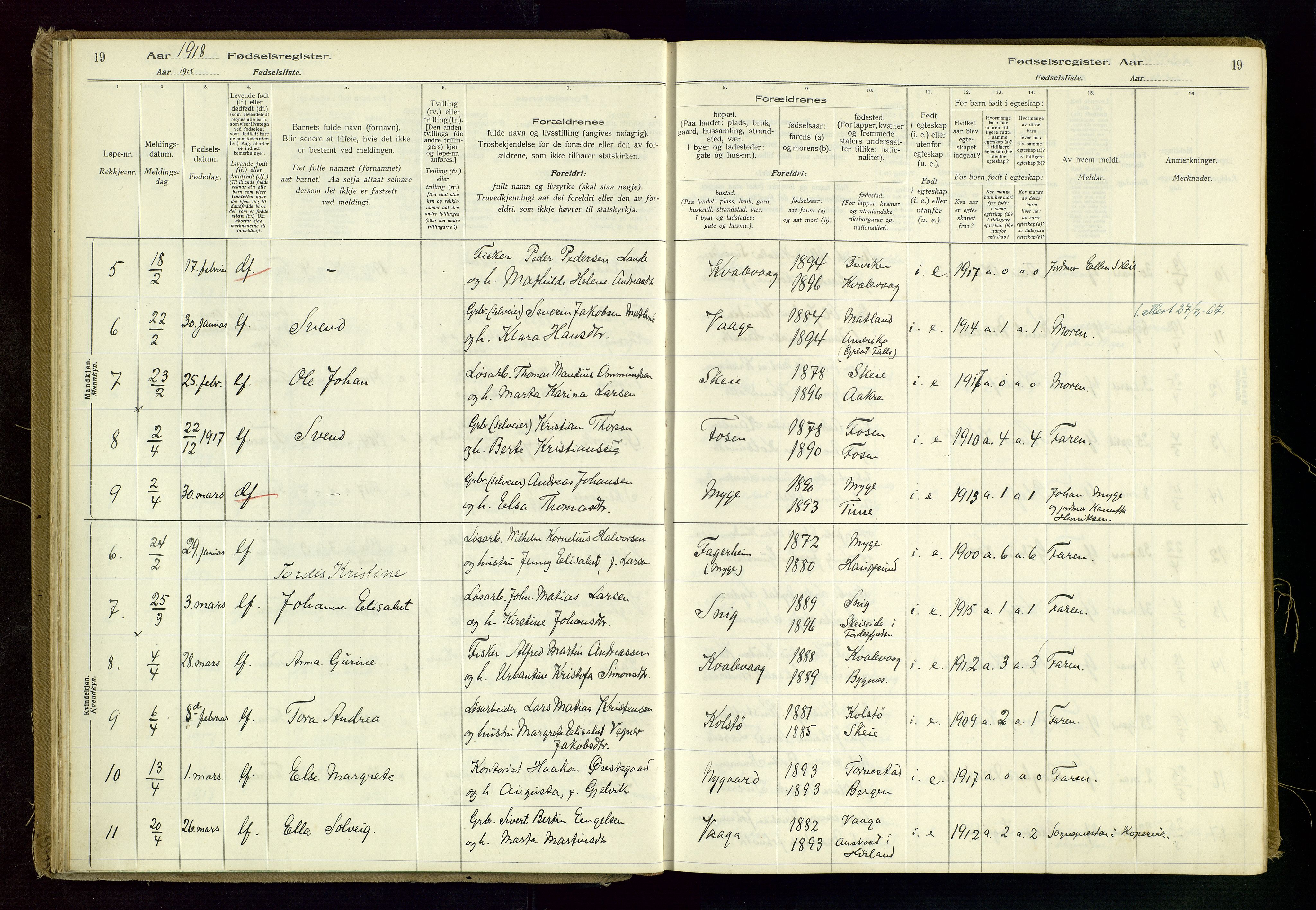 Avaldsnes sokneprestkontor, SAST/A -101851/I/Id/L0001: Birth register no. 1, 1916-1946, p. 19