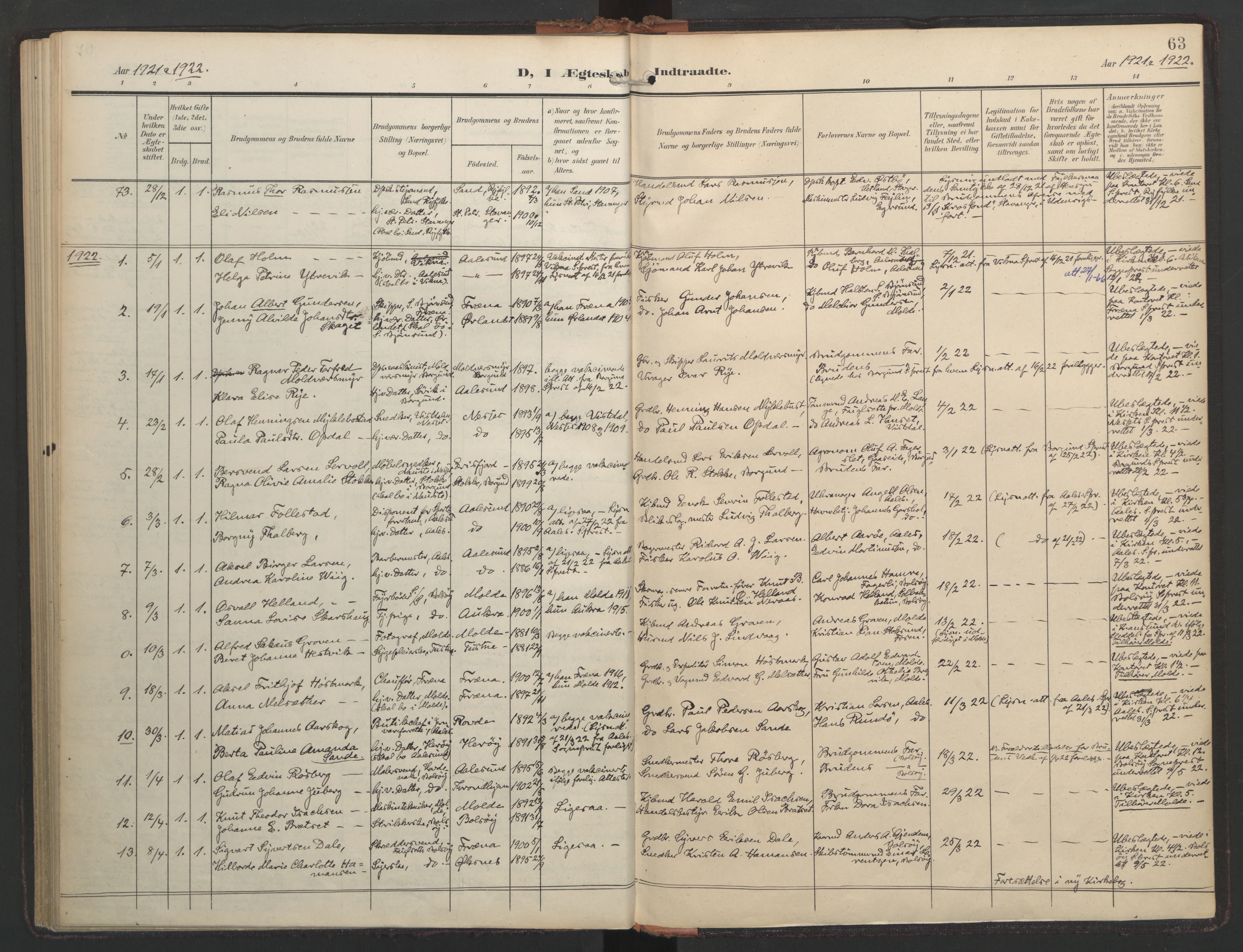 Ministerialprotokoller, klokkerbøker og fødselsregistre - Møre og Romsdal, AV/SAT-A-1454/558/L0694: Parish register (official) no. 558A08, 1907-1922, p. 63