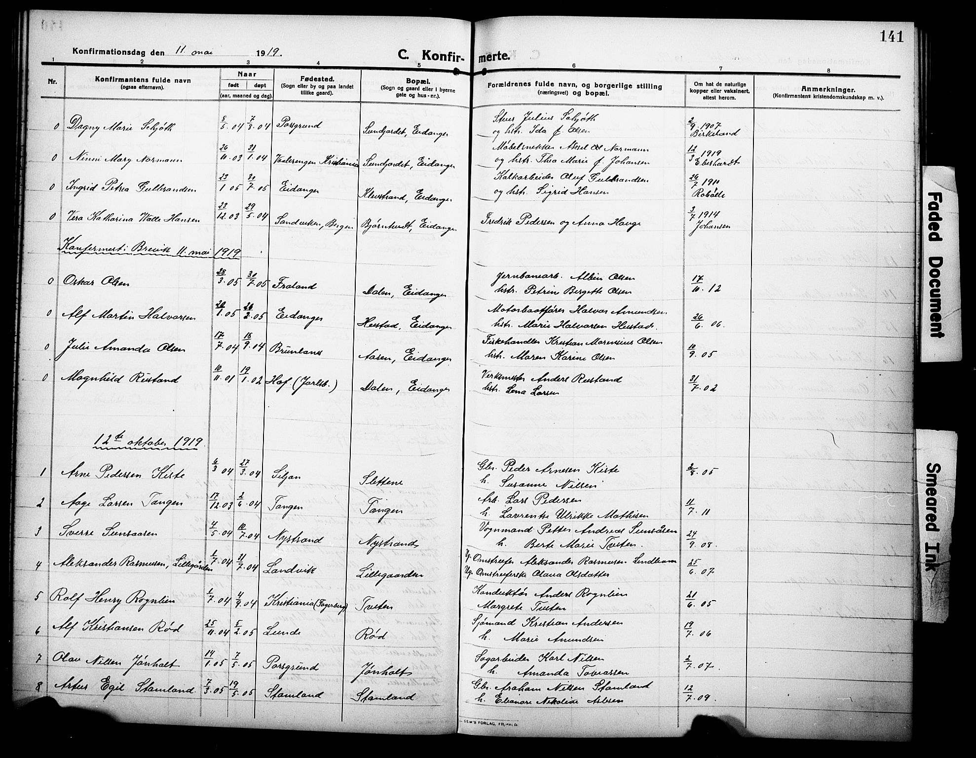 Eidanger kirkebøker, SAKO/A-261/G/Ga/L0004: Parish register (copy) no. 4, 1912-1927, p. 141