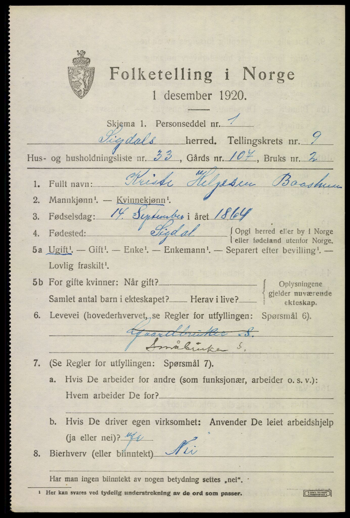 SAKO, 1920 census for Sigdal, 1920, p. 6794