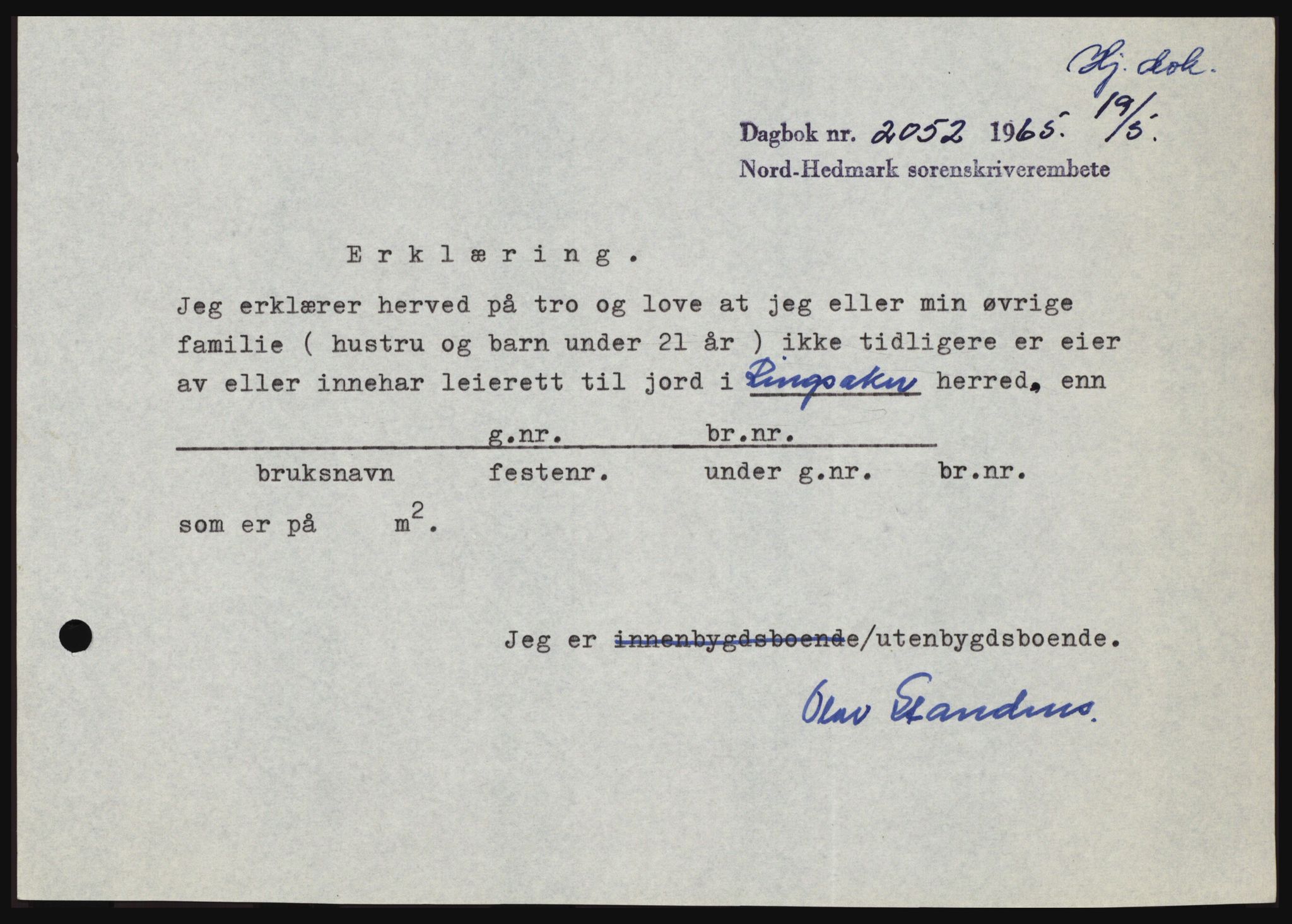 Nord-Hedmark sorenskriveri, SAH/TING-012/H/Hc/L0021: Mortgage book no. 21, 1964-1965, Diary no: : 2052/1965