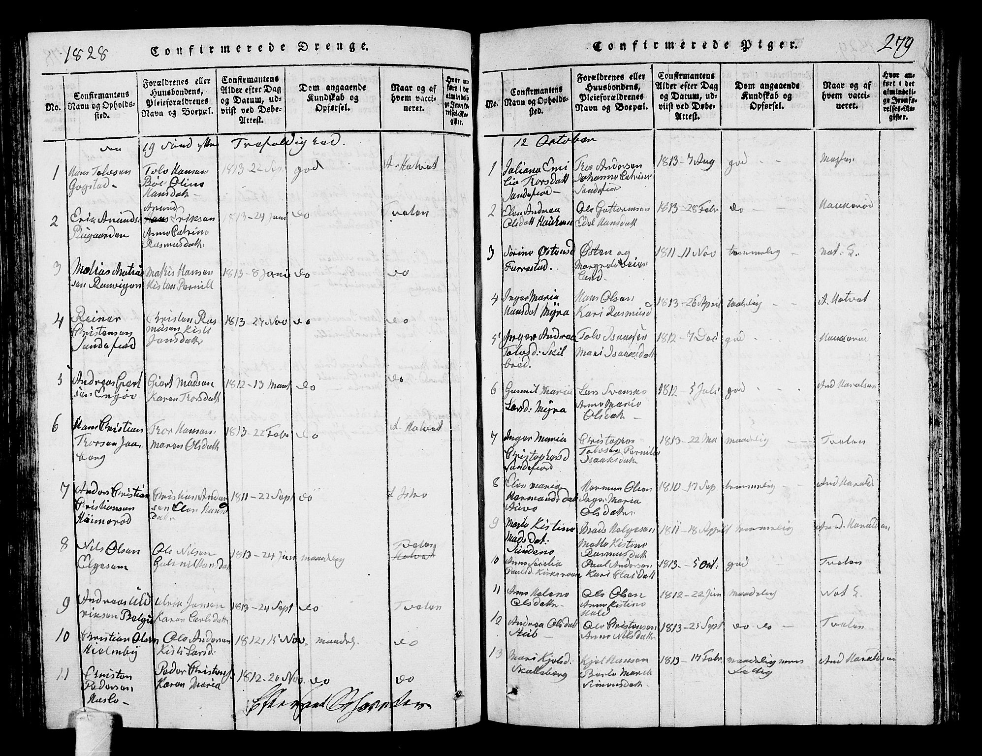 Sandar kirkebøker, SAKO/A-243/G/Ga/L0001: Parish register (copy) no. 1, 1814-1835, p. 279