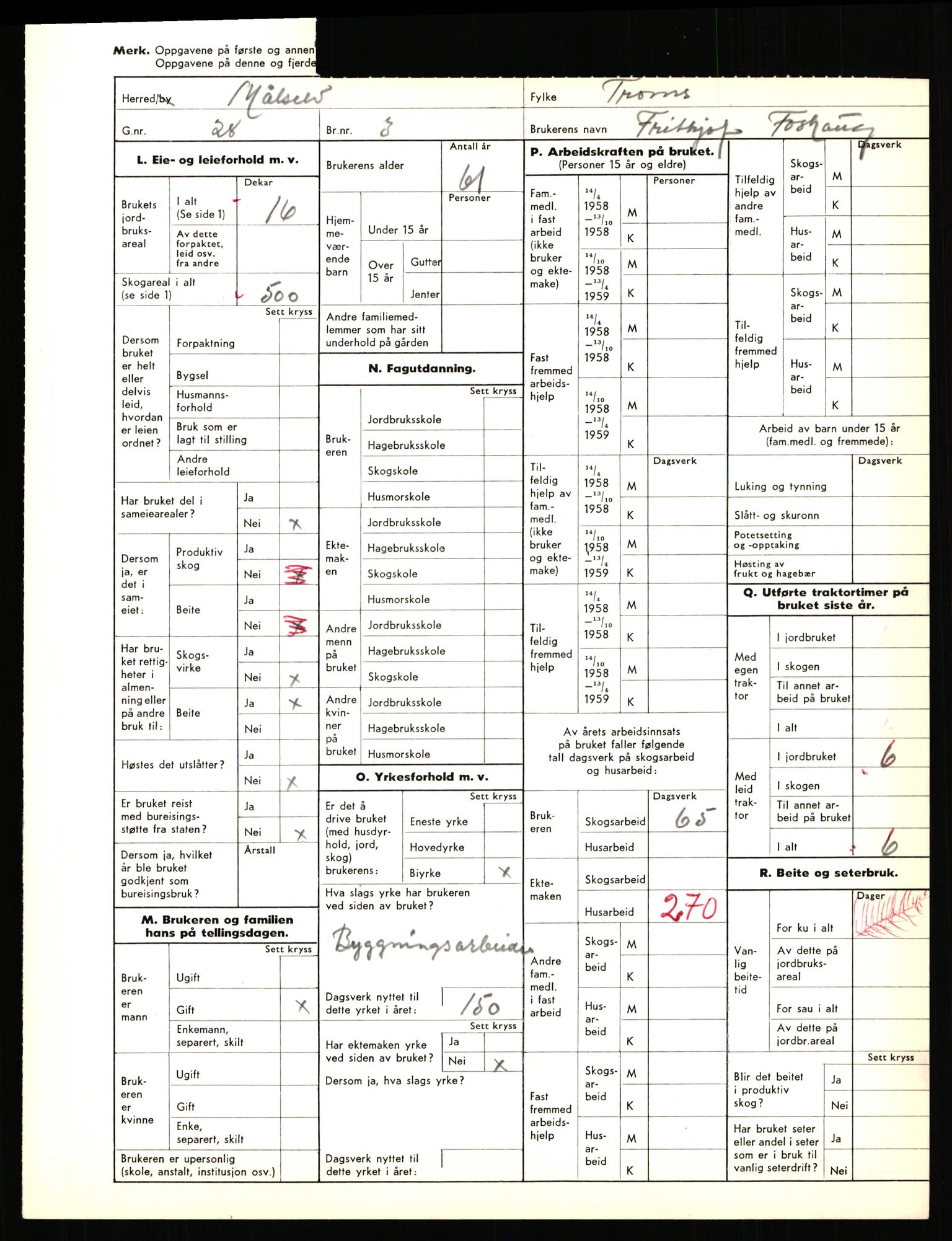 Statistisk sentralbyrå, Næringsøkonomiske emner, Jordbruk, skogbruk, jakt, fiske og fangst, AV/RA-S-2234/G/Gd/L0656: Troms: 1924 Målselv (kl. 0-3) og 1925 Sørreisa, 1959, p. 413