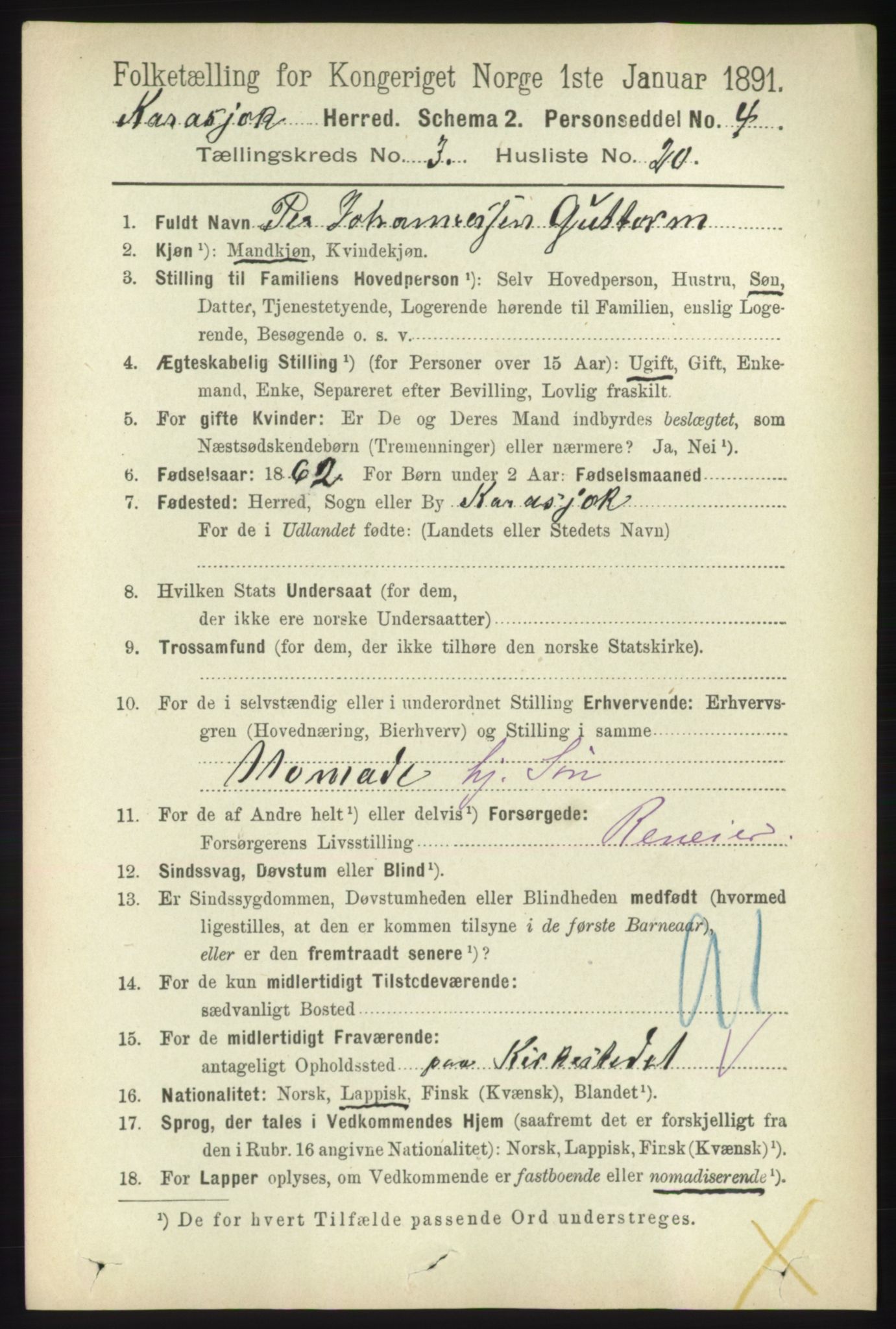 RA, 1891 census for 2021 Karasjok, 1891, p. 671