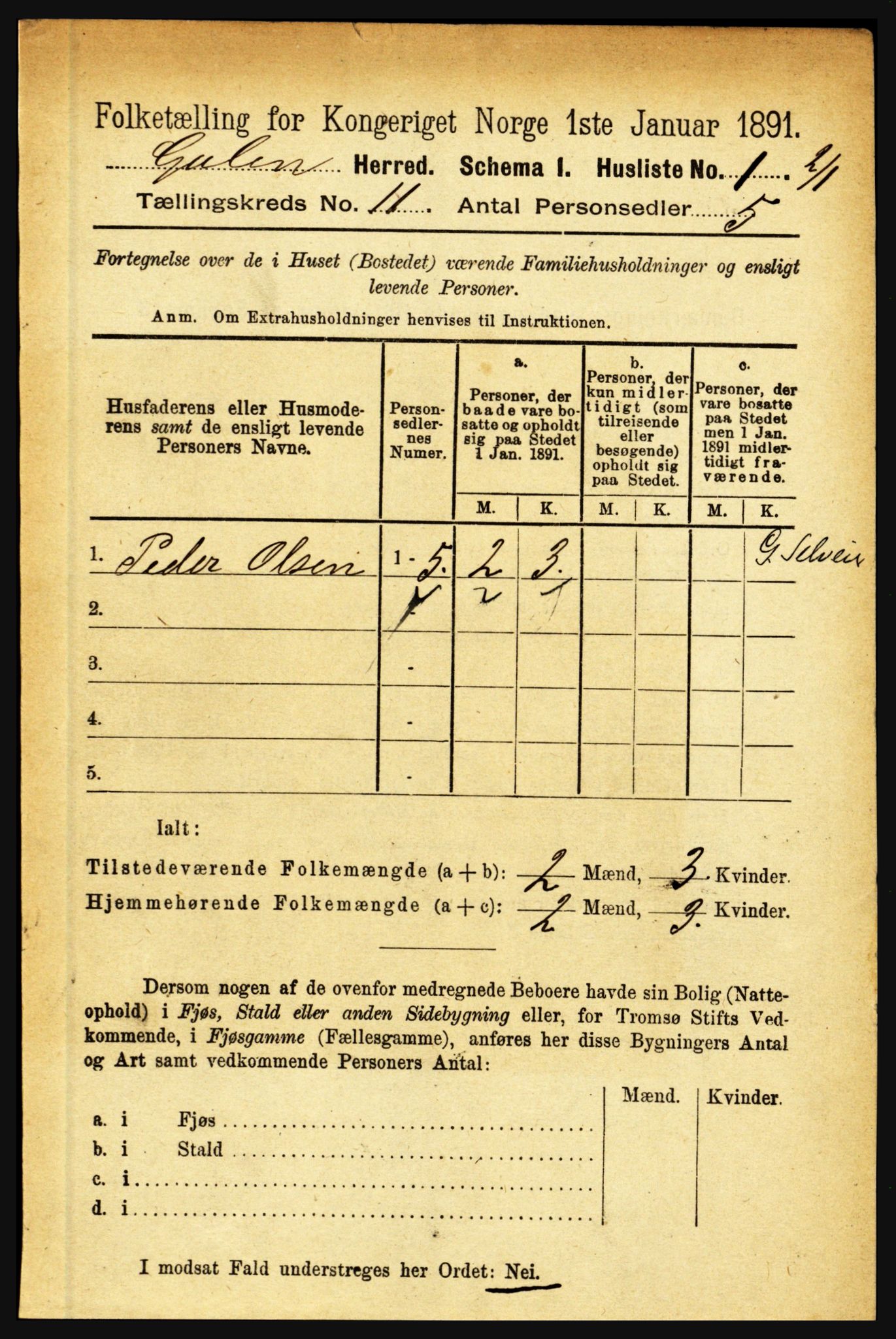 RA, 1891 census for 1411 Gulen, 1891, p. 3622