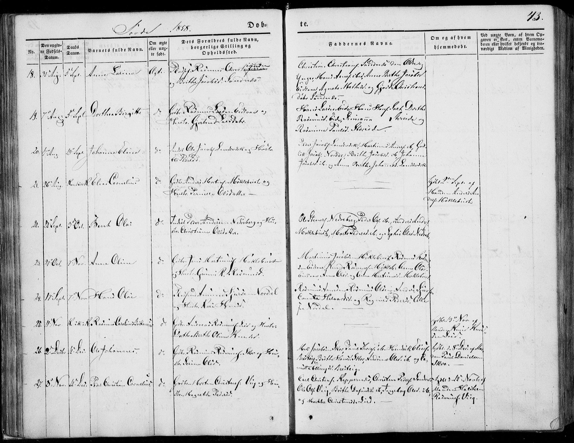 Ministerialprotokoller, klokkerbøker og fødselsregistre - Møre og Romsdal, SAT/A-1454/502/L0023: Parish register (official) no. 502A01, 1844-1873, p. 43
