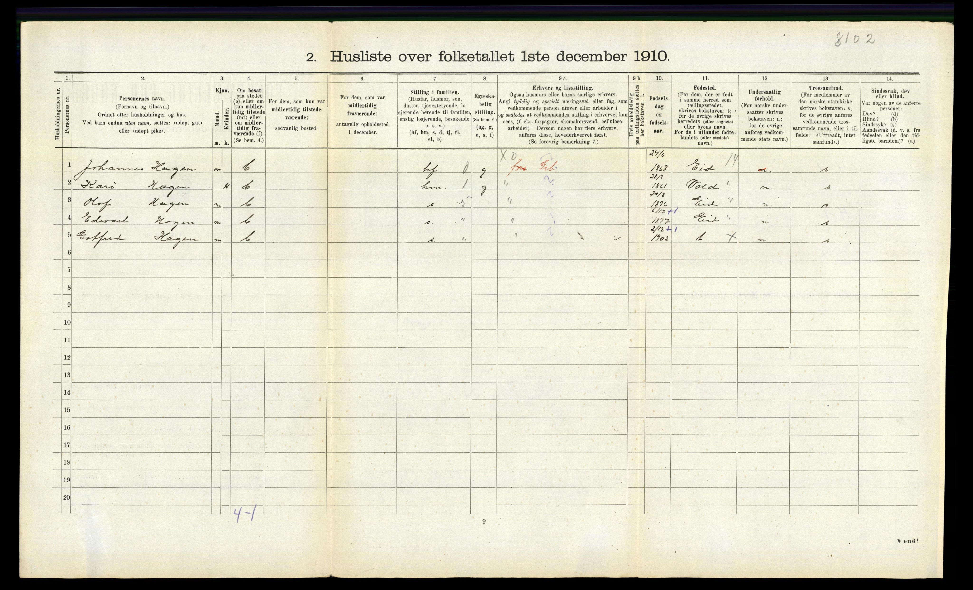 RA, 1910 census for Veøy, 1910, p. 715